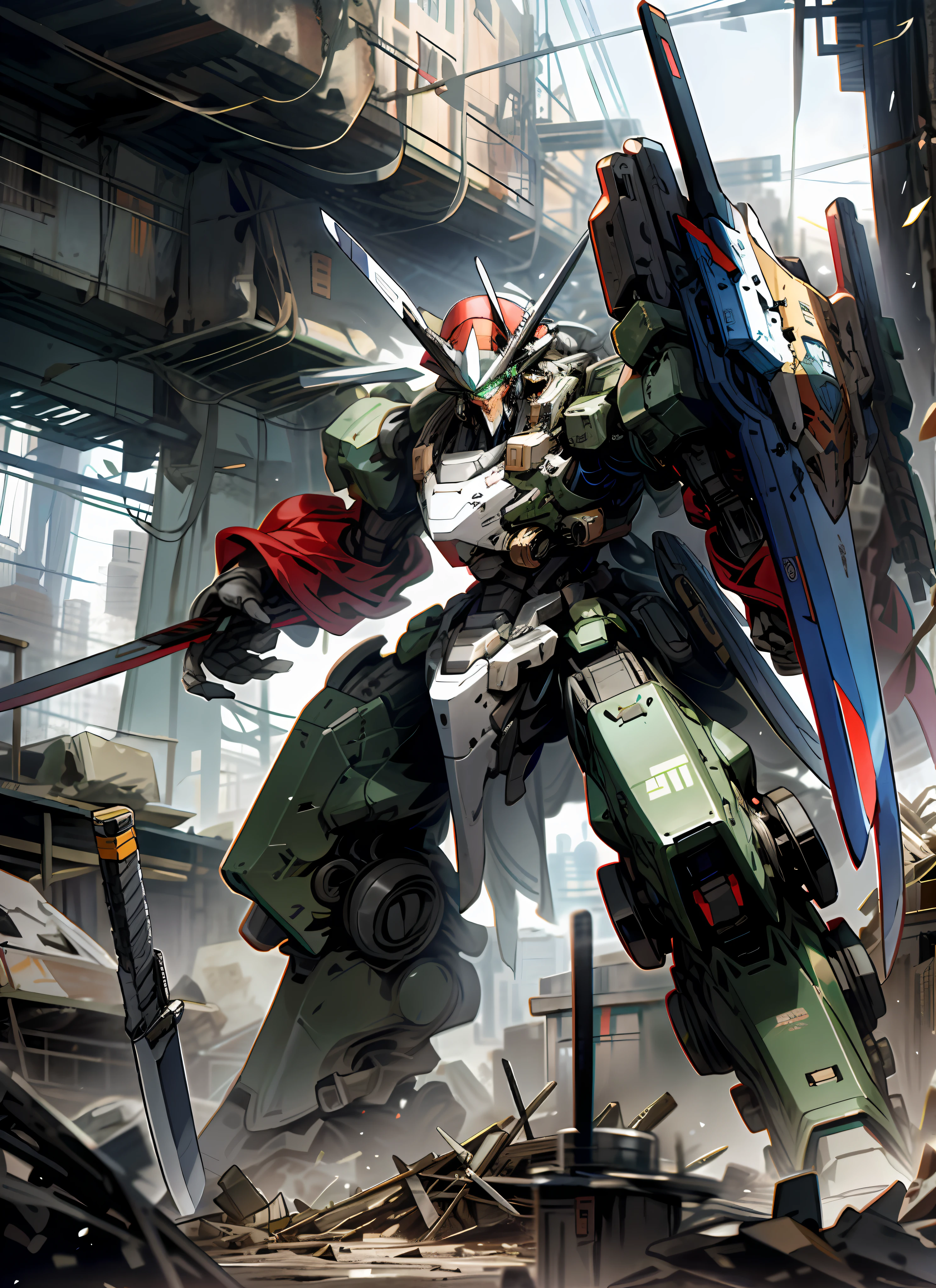 a giant colored robot, mecha, with a sword and a shield, in a destroyed metropolis