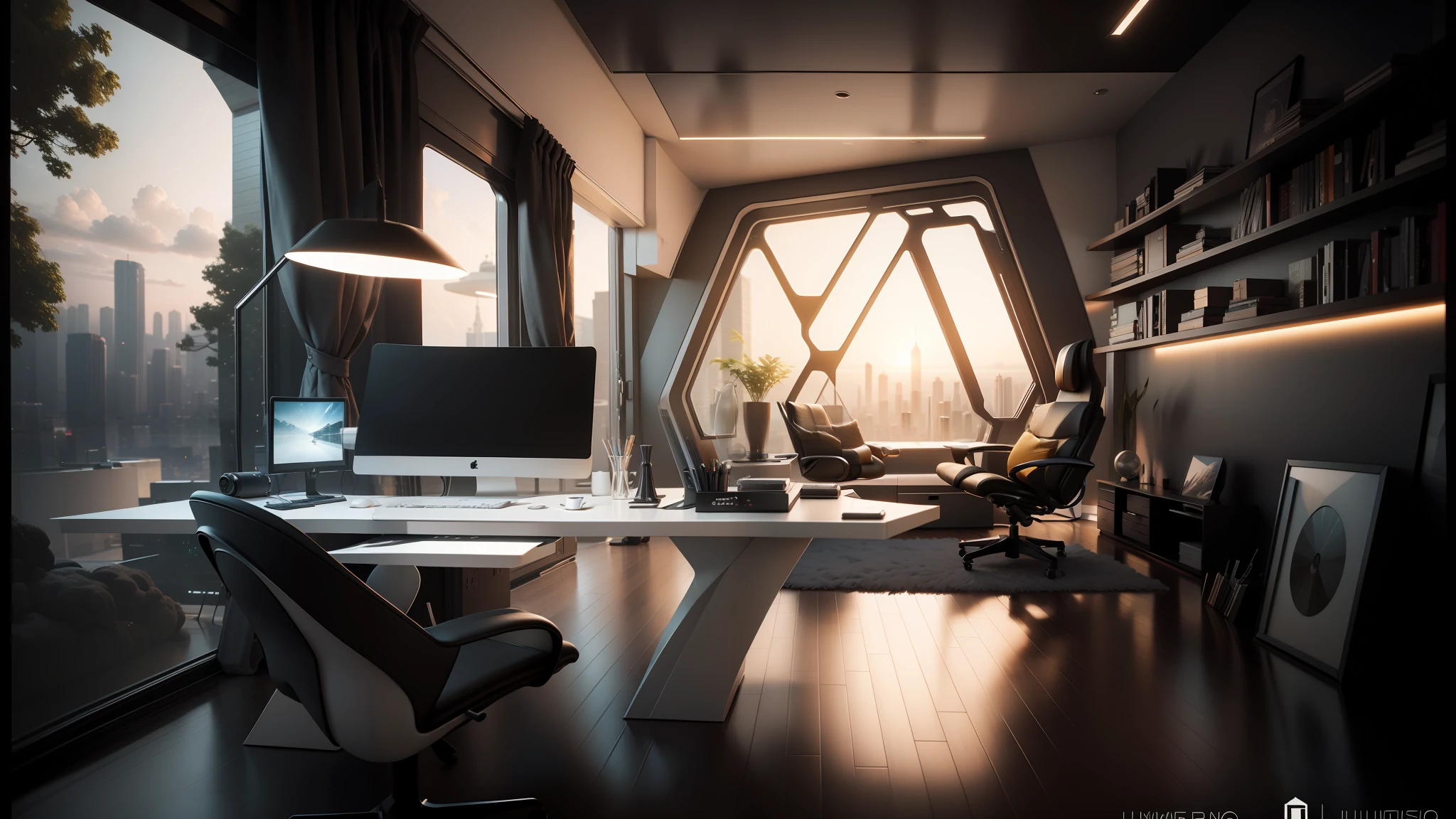 there is a computer desk with a monitor and a chair in front of it, futuristic interior, futuristic room, retro futuristic apartment, futuristic room background, futuristic looking living room, futuristic architectural art, desktopography, sci - fi interior, detailed futuristic architecture, gorgeous 3d render, origami studio 3 design, rendered in lumion pro, stunning 3 d render --auto --s2