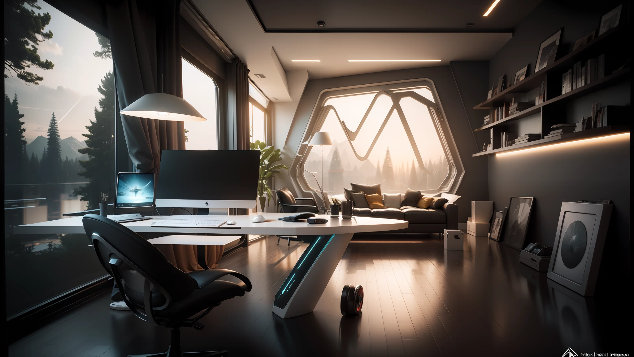 there is a computer desk with a monitor and a chair in front of it, futuristic interior, futuristic room, retro futuristic apartment, futuristic room background, futuristic looking living room, futuristic architectural art, desktopography, sci - fi interior, detailed futuristic architecture, gorgeous 3d render, origami studio 3 design, rendered in lumion pro, stunning 3 d render --auto --s2