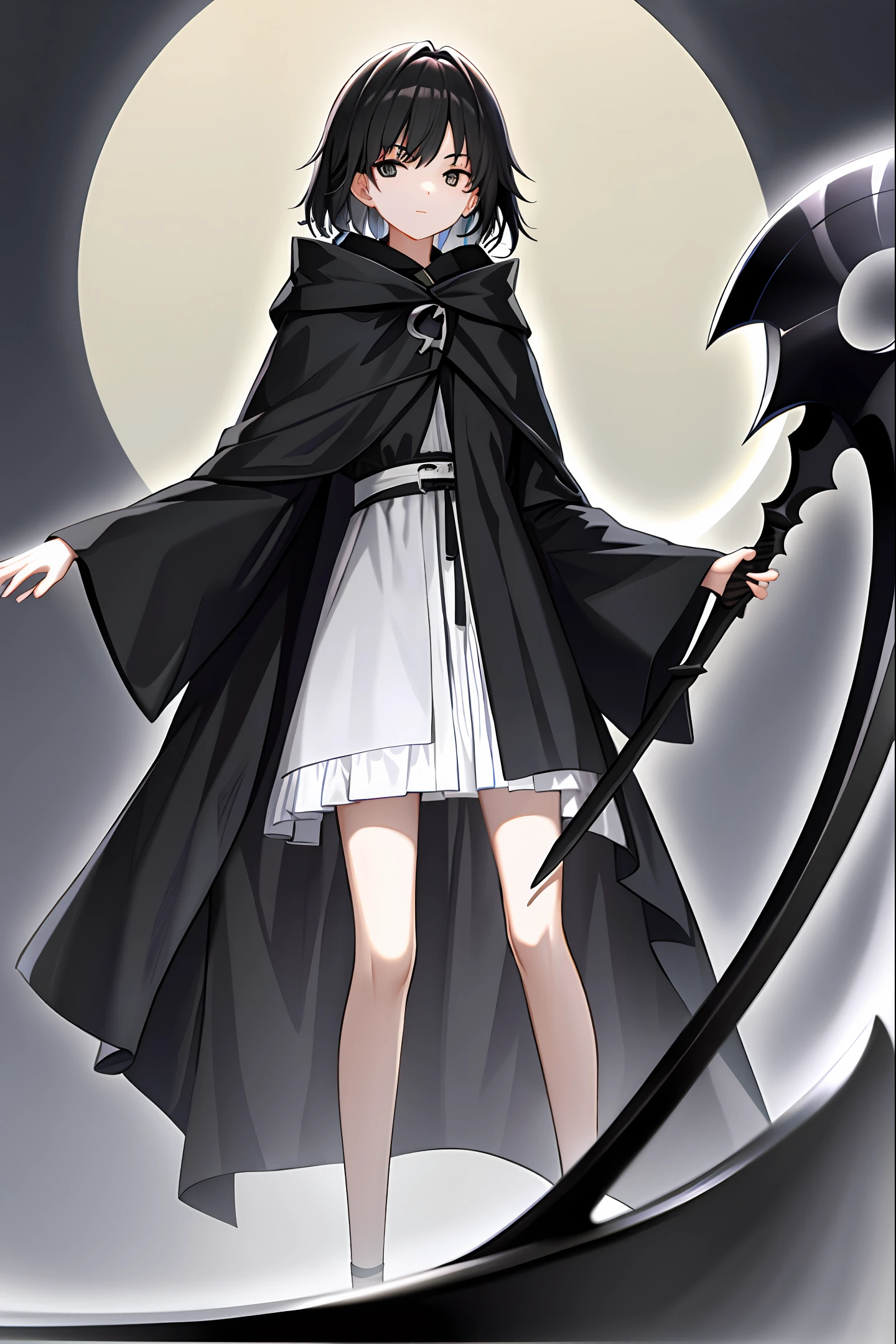 A teenager in a black robe with a black scythe stands on a suspended clock