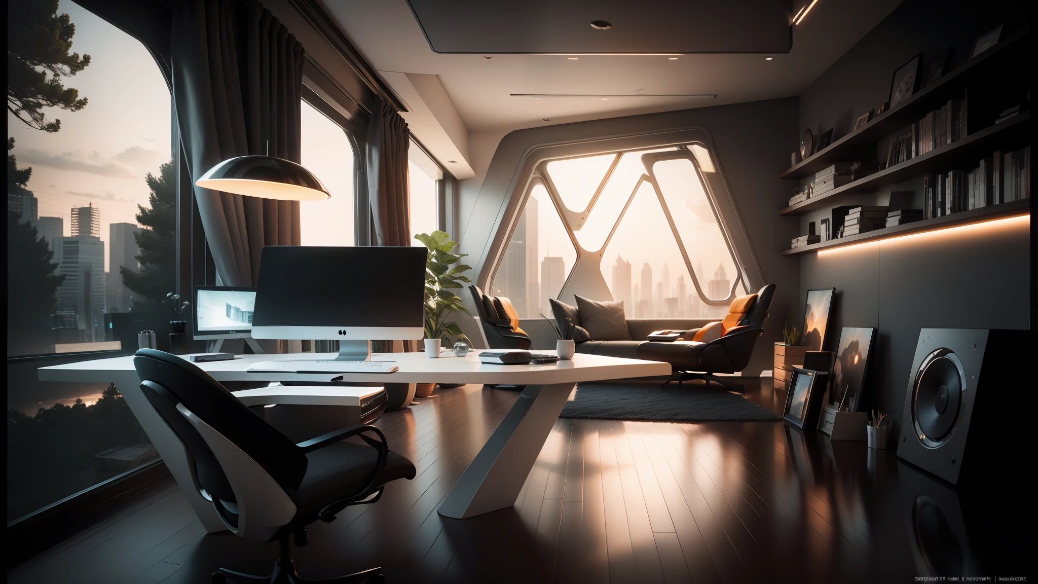 there is a computer desk with a monitor and a chair in front of it, futuristic interior, futuristic room, retro futuristic apartment, futuristic room background, futuristic looking living room, futuristic architectural art, desktopography, sci - fi interior, detailed futuristic architecture, gorgeous 3d render, origami studio 3 design, rendered in lumion pro, stunning 3 d render --auto --s2