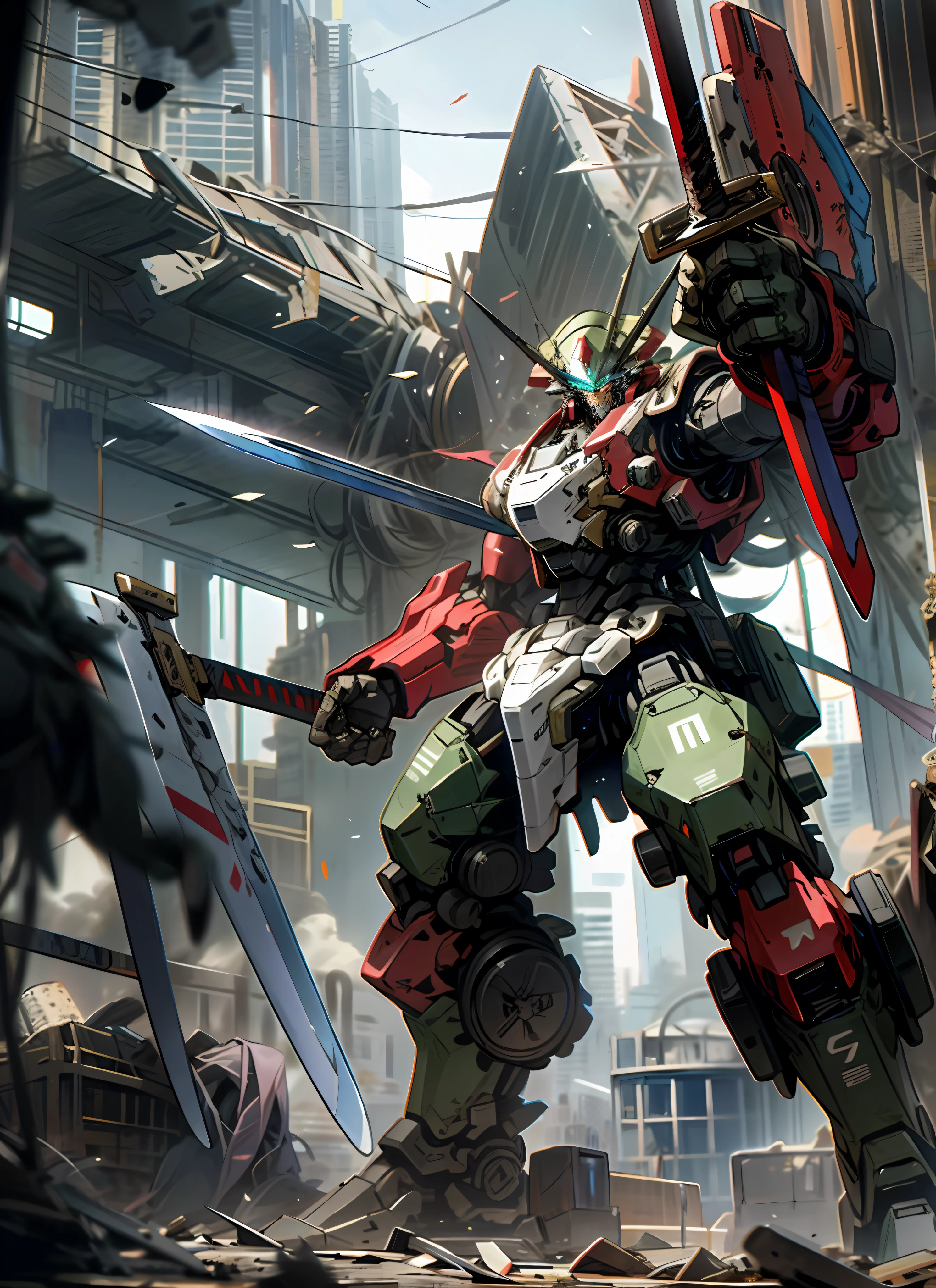 a giant colored robot, mecha, with a sword and a shield, in a destroyed metropolis