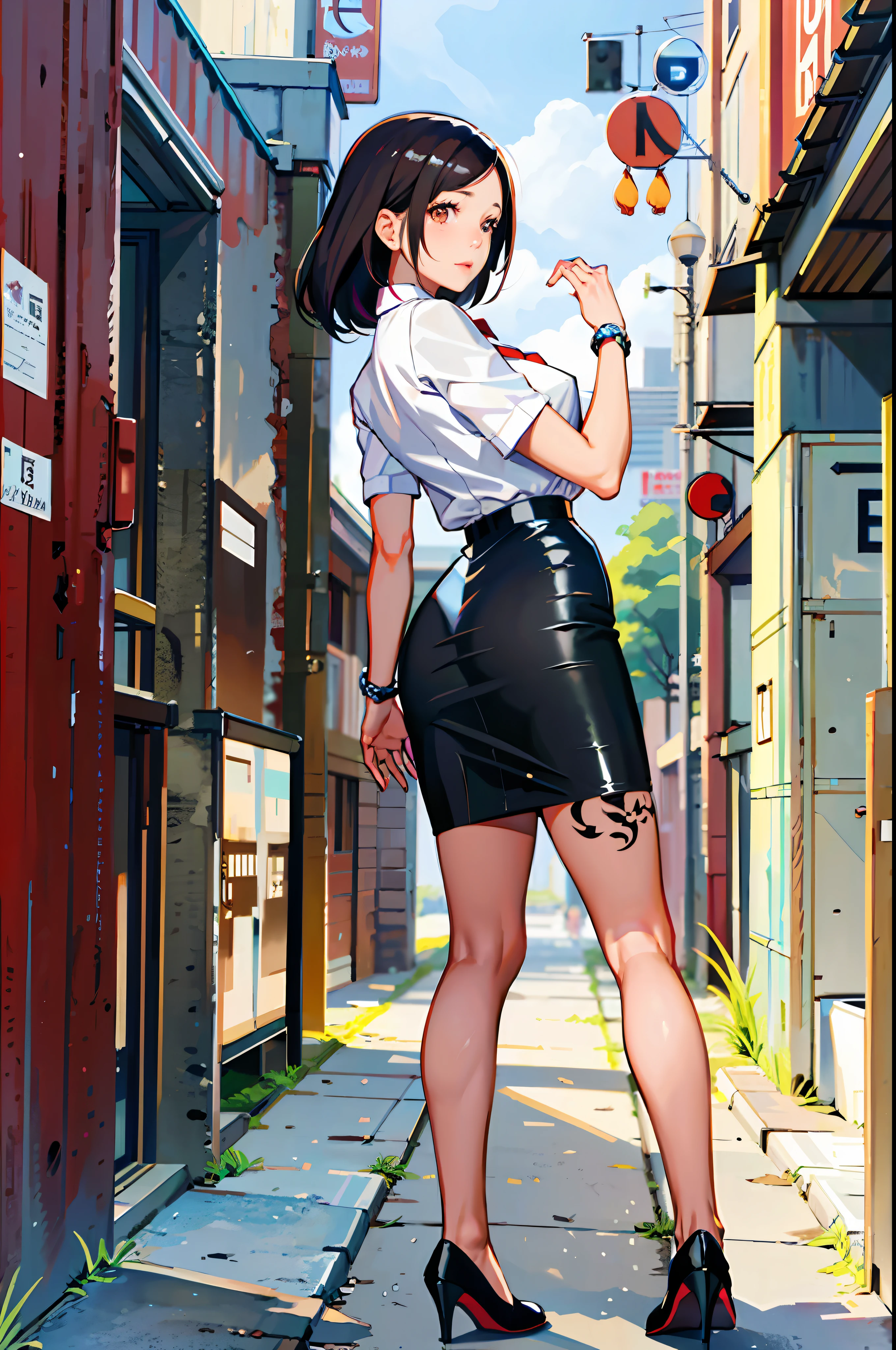 masterpiece, best quality,1girl,young girl,brown eyes,drill hair,mesugaki smile,shiny skin,(nice leg line:1.3),thin waist,huge breasts, bodypaint, tattoo of a dragon
BREAK
school uniform,necktie,((pencil skirt)),high heels shoes
BREAK
store,crowd,depth of field,looking at viewer,standing,from behind,full body,legsupsexms