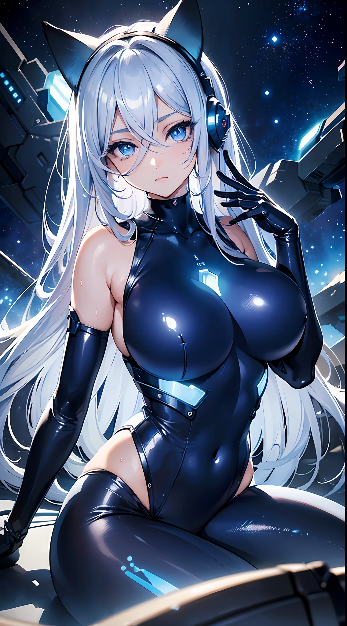 (best quality), best illustration, intricate details, ultra detailed, (2D), hair between eyes, splendid illustration, extremely detailed, 1girl, (bishoujo), ((beautiful detailed face)), (pretty_face+round_face), ((beautiful detailed eyes)), (blue eyes), transparent eyes, ((gigantic breasts)), (bishoujo:1.3), (perfect face), (solo), extremely Detailed CG, (extremely beautiful), dynamic angle, (masterpiece:1.2), (dark eyelashes:1.1), (eyeliner:1.2), (deep blue eyes:1.2), (big eyes:1.2), (bright skin), (ultra-detailed), illustation, very long bangs, sweaty, messy hair, 1girl, (starry space background), (spacecraft, (futuristic white bodysuit with blue leds), sitting, science fiction, long hair, silver hair, deep blue eyes, cameltoe, erect, headset, huge breasts, sexy beautiful young woman, robotic cat ears, thick thighs, very tight clothes, narrow waist)