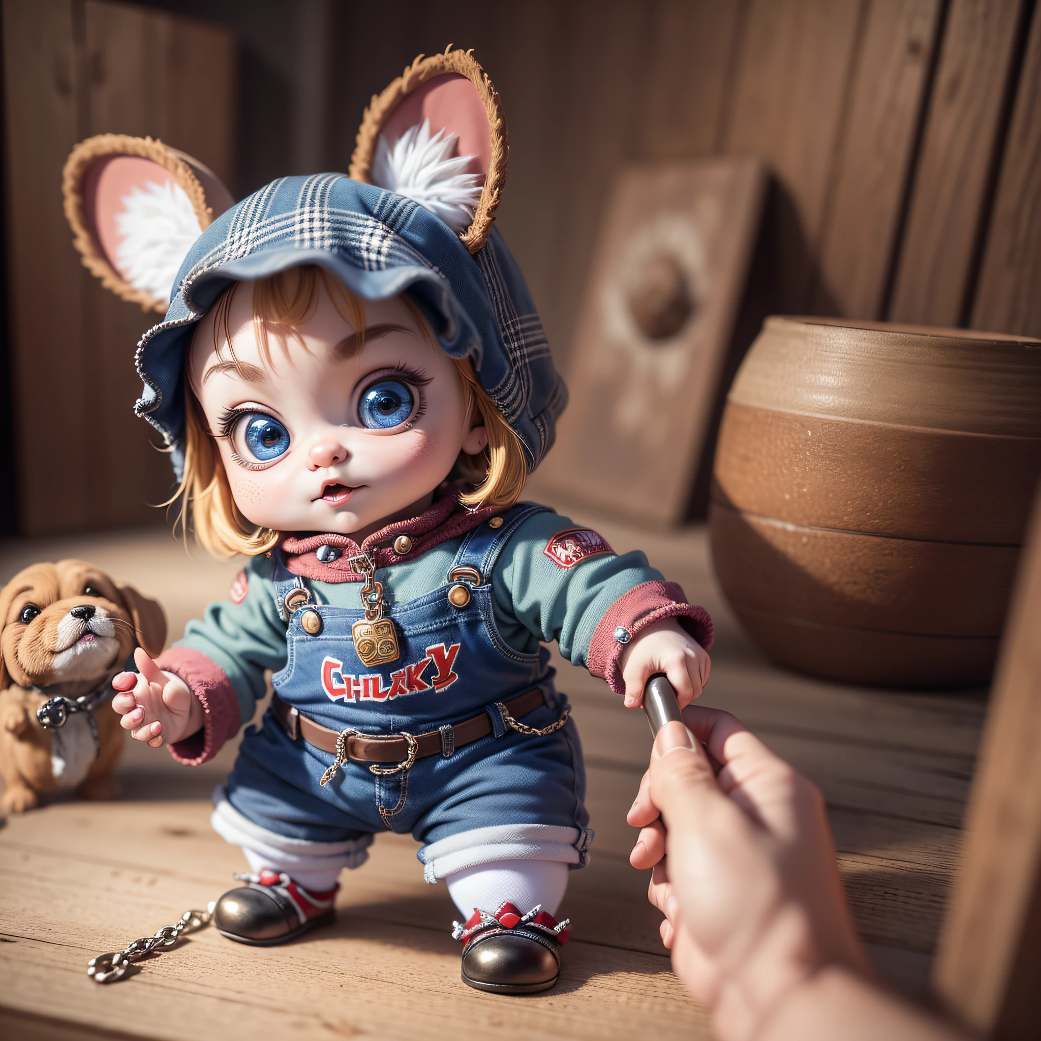 Masterpiece, 4K, Image chucky outfit, Cute 1 puppy, (chucky outfit:1.1), ([Tail | Chain]:1.3), (Complex Details), HDR, (Hyperdetail, Complex Details:1.2), Focus on Detail, Cinematic Shot, Vignette, Center, 1HEAD Only. --auto --s2