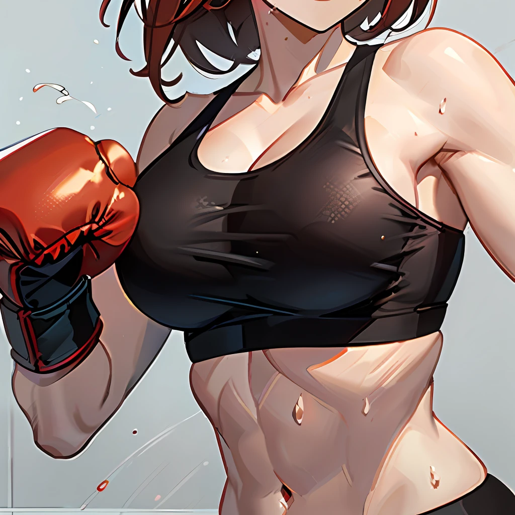 Mature boxer. Her hair color is reddish brown. (shortcut)). ((Wearing red boxing gloves)). ((wearing a black sports bra)). Muscle. Well-shaped boxing gloves. Look up straight up. Splattering sweat. I close one eye. Close-up image. from behind,portrait