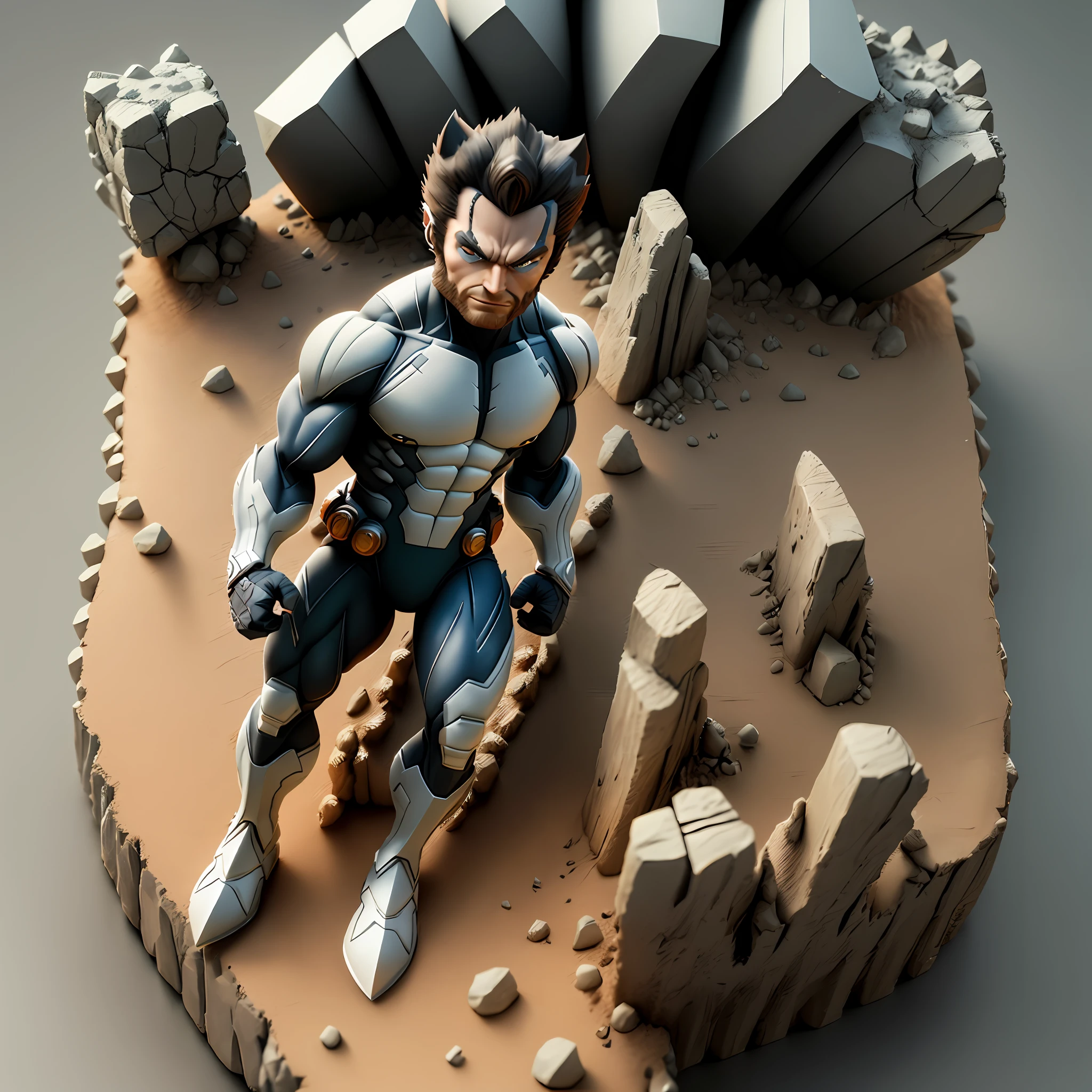 Wolverine, x-man, exquisite hair, arm representation, exquisite shoes, eye representation, exquisite hair, popmart blind box, clay texture, stepping on earth, black and white background, natural lighting, most good quality, super detail, 3D art, c4d, OC renderer, 3D rendering, 8k