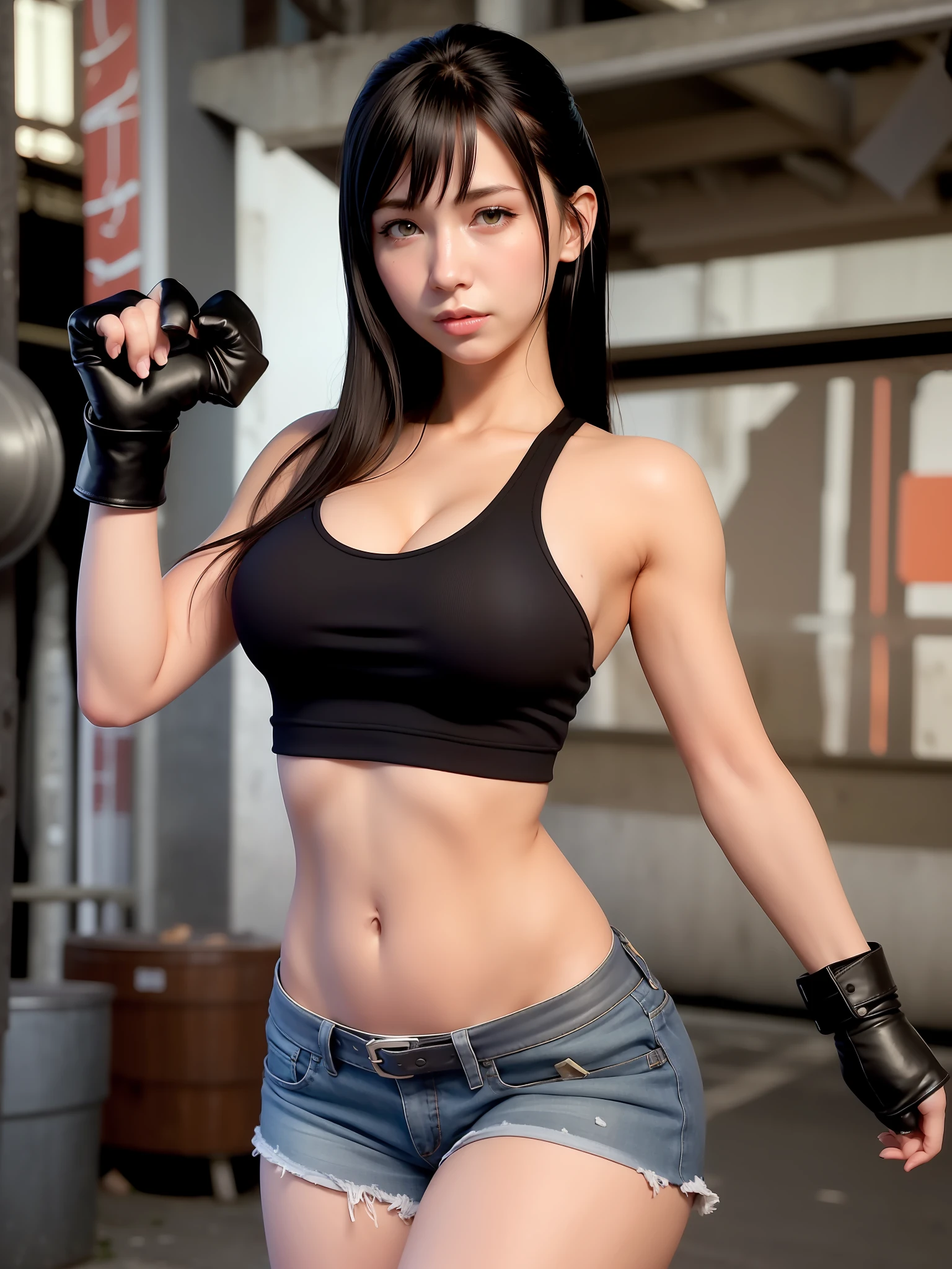 tattered tiny white tank top, braless, (black miniskirt:1.15),(suspenders:1.2),thick leather gloves, solo, woman, (pyoapplev1:1.05), pyoapple, (parted lips,light smile),(shiny skin:1.1),blush, ((bangs)), long hair, clenched fists, put up your dukes, fight pose,skindentation, ((slim skinny body)), big breast, tifa ( final fantasy), (long legs), model figure, best quality, ultra high res, (photorealistic), (detailed face and eyes), industrial slum cyberpunk dystopia background