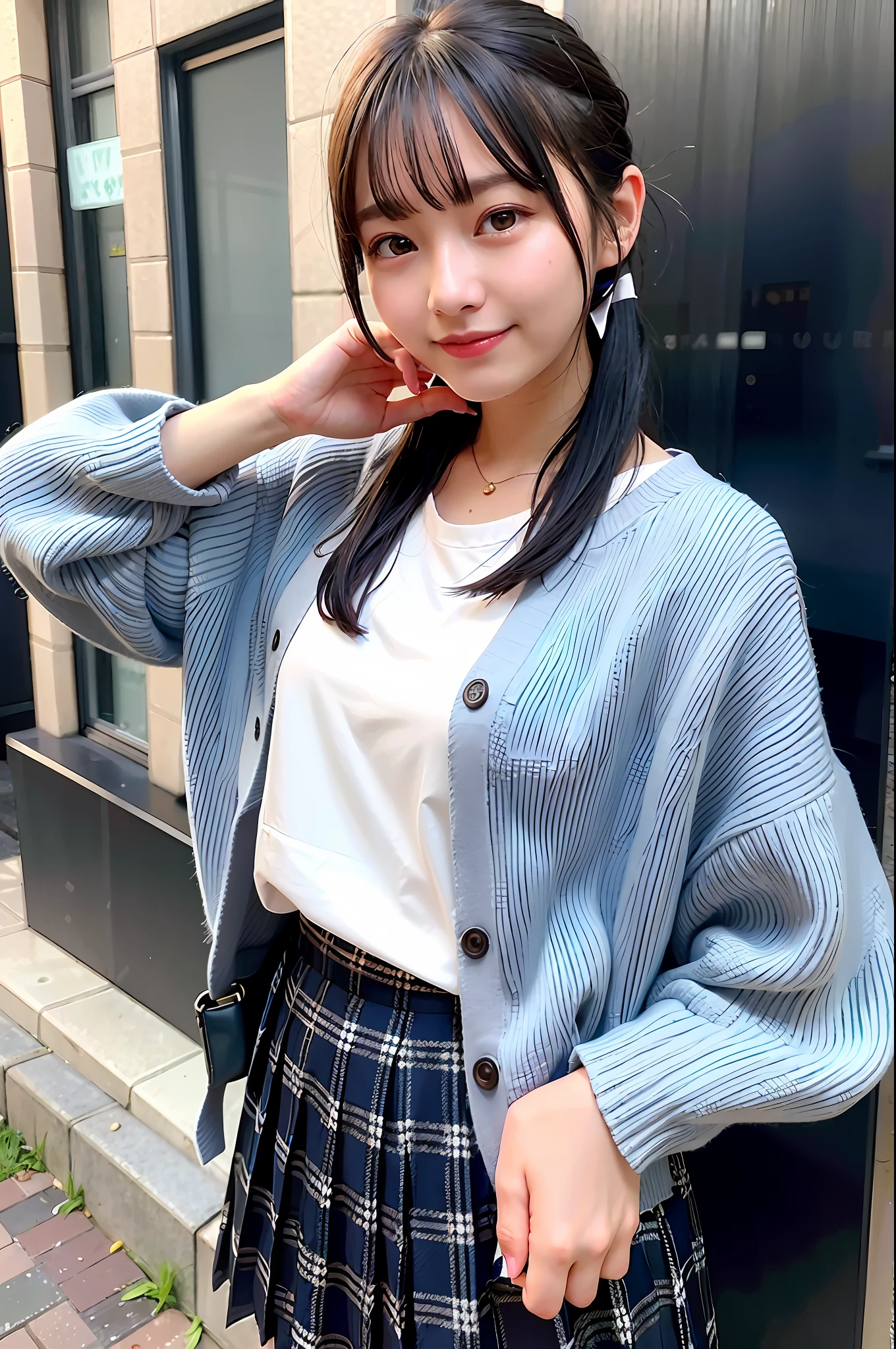Top quality, ultra high resolution, (photorealistic: 1.4), 1 girl, gray cardigan, white shirt, blue checked ribbon, dark blue pleated skirt, black hair bob, fair skin, smile