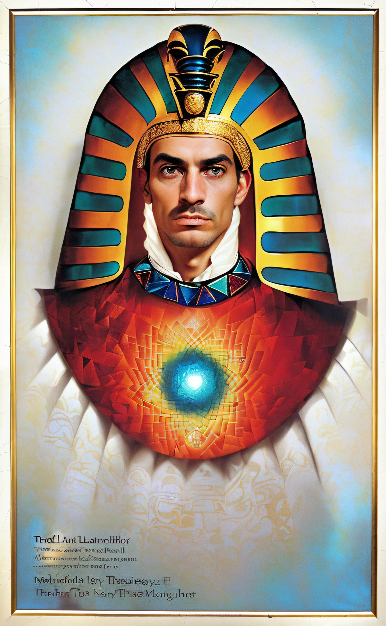 arafed poster of a man with a headdress and a halo, 3d portrait, portrait of pharaoh, inspired by Vladimir Tretchikoff, by Wayne England, Egyptian, david la chapelle, inspired by David LaChapelle, inspired by Dino Valls, by Juan O'Gorman,