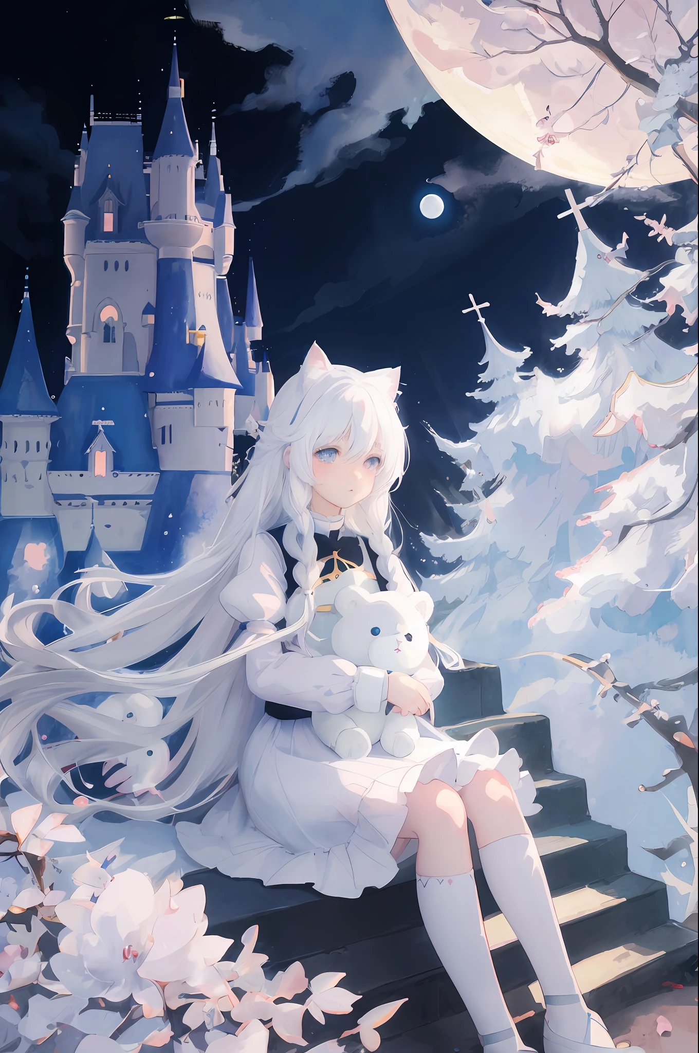 White hair anime girl with sitting on the steps of the castle, holding teddy bear, dream illustration, pastel anime illustration, in white cloud wonderland, fairy castle, stars, moon, fairy tale illustration style, cute art style, lying in white cloud wonderland, by Ni Duan, watercolor illustration style, white cat girl,, ☁🌪🌙👩🏾 cute illustration