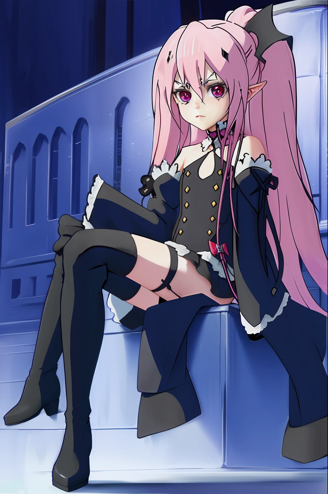 krul tepes,simple background,facing viewer,sitting,pointy ears, Long boots,