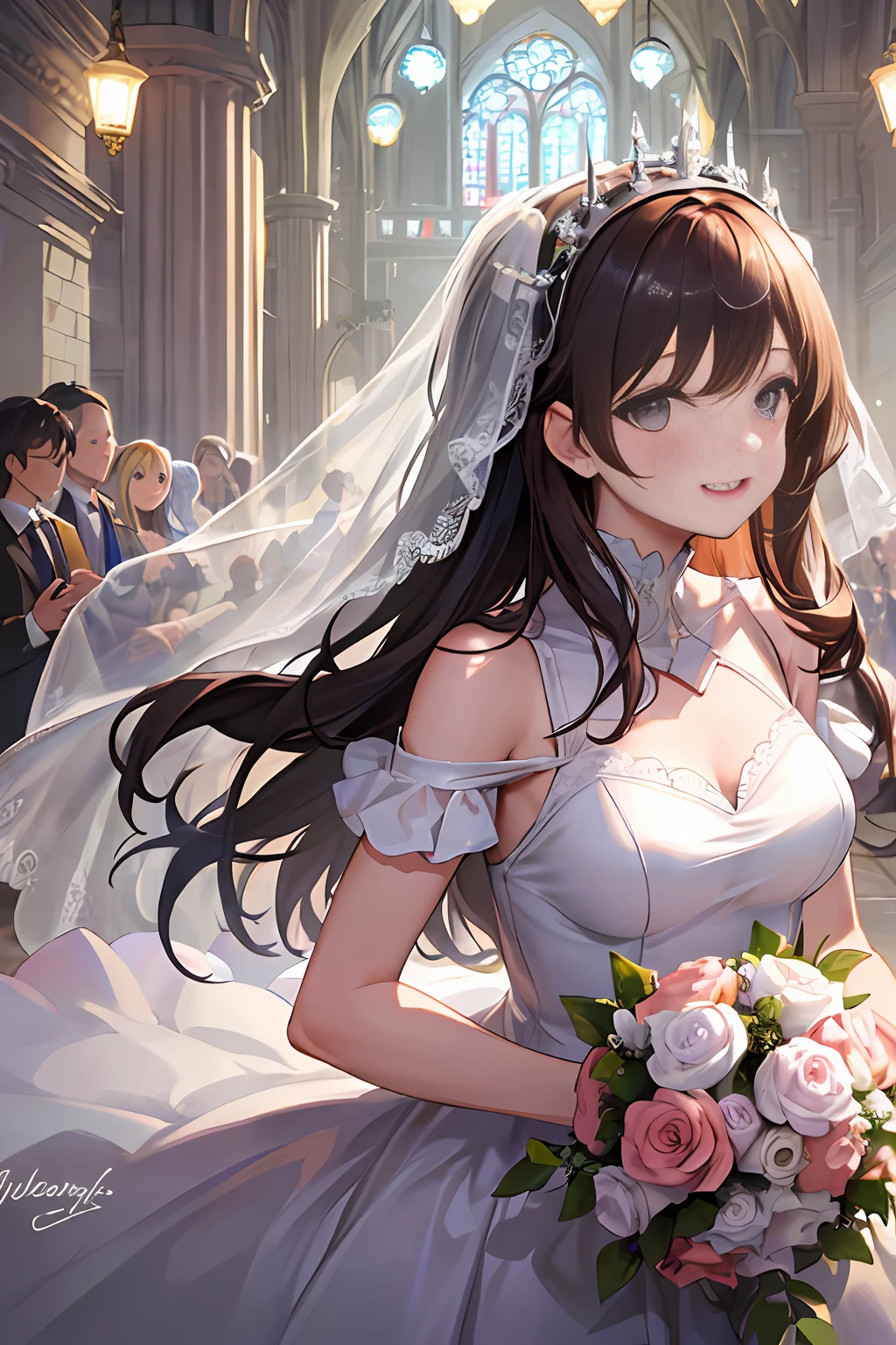 (masterpiece), (best quality), (highres),bokeh,depth,
1girl, smile,crowds,many girls, outdoors, church,looking at each other,various hair,
age,18 years old,medium breasts,
Wedding dress, clavicle, flying bouquet,