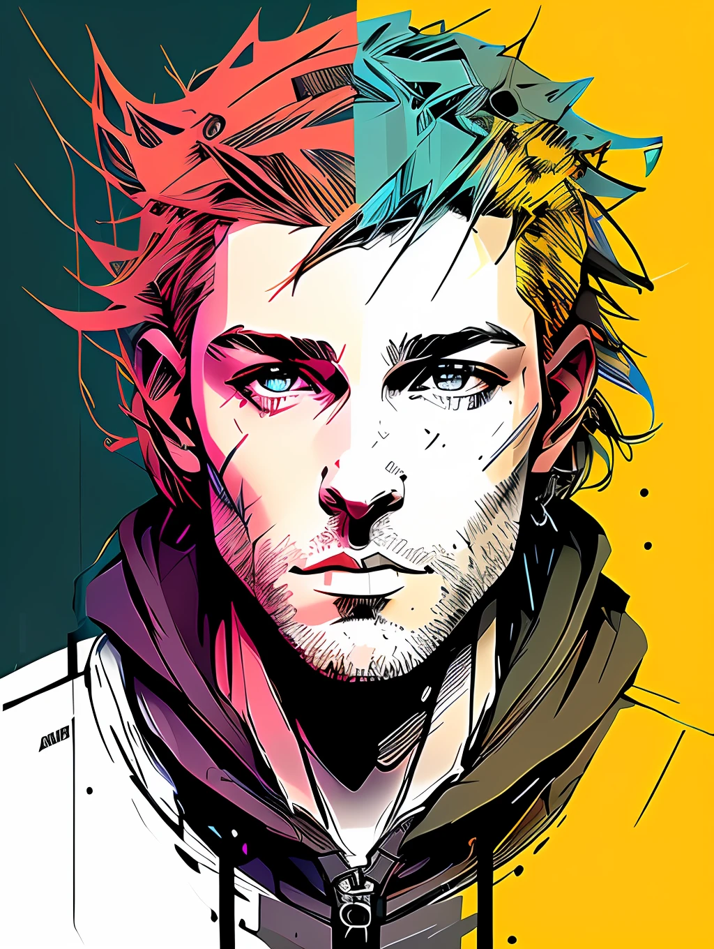 nvinkpunk, (((Australian young-aged man))), handsome man, masterpiece, best quality, ((detailed face)), short messy blonde hair, pastel colors, bright eyes, ((award winning)), (High Detail), Sharp, 8k, trending on artstation, intricate