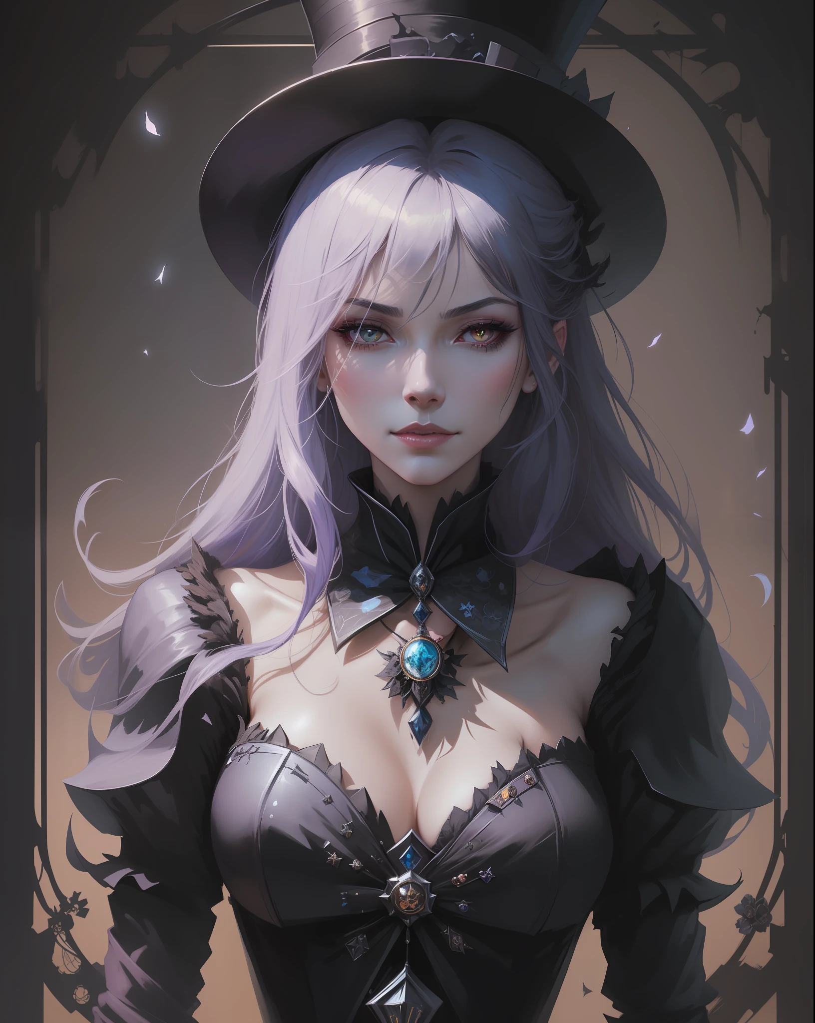 a close up of a woman with a top hat and a top hat, artwork in the style of guweiz, portrait of a sorceress, portrait of a dark witch, dark fantasy style art, guweiz, guweiz on artstation pixiv, guweiz on pixiv artstation, dark fantasy portrait, beautiful necromancer girl