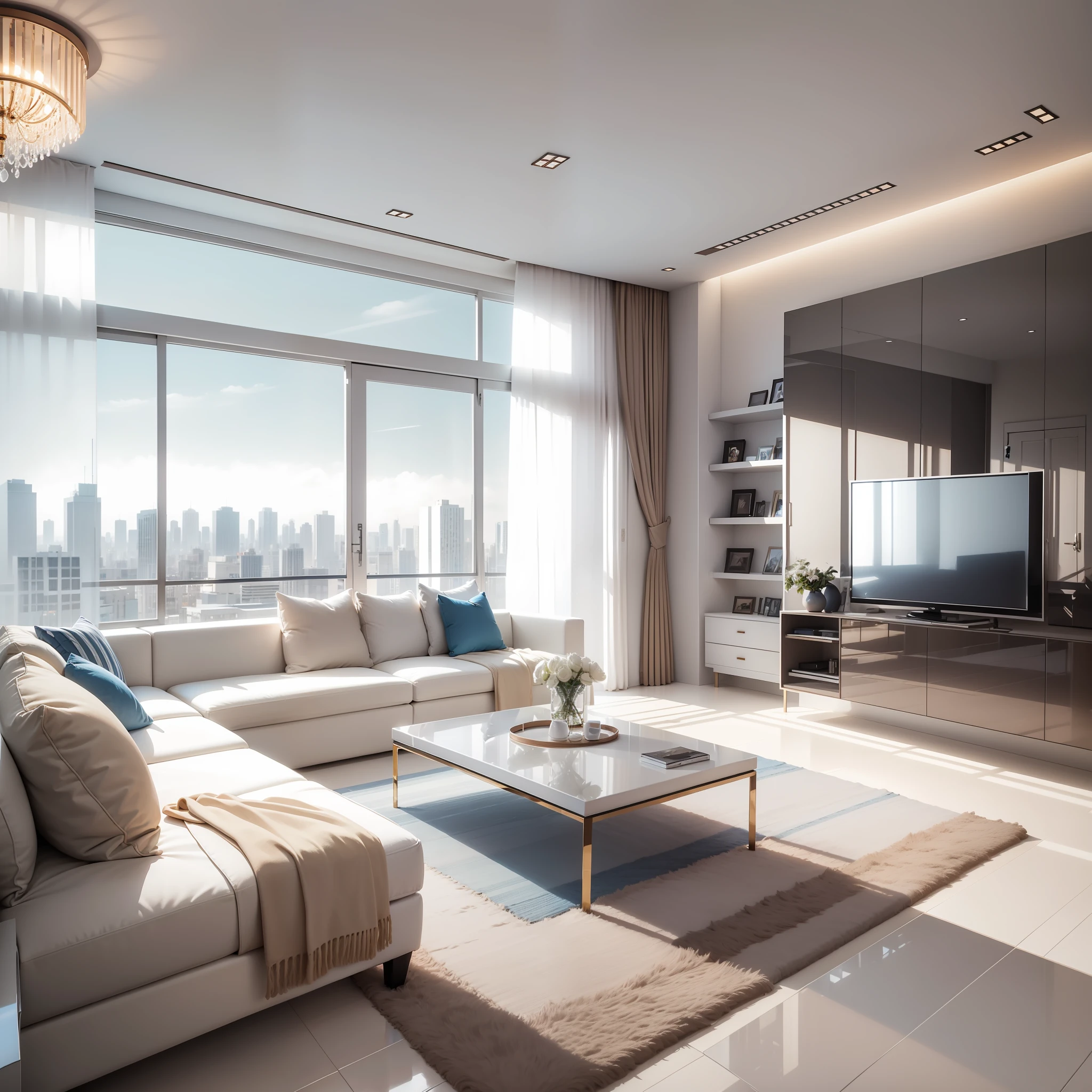 interior decoration design, modern, architecture rendering, room 2 point perspective view, 60% white and soft brown & blue colour theme, fine weather as outside background, window view, door , luxury furniture --auto --s2