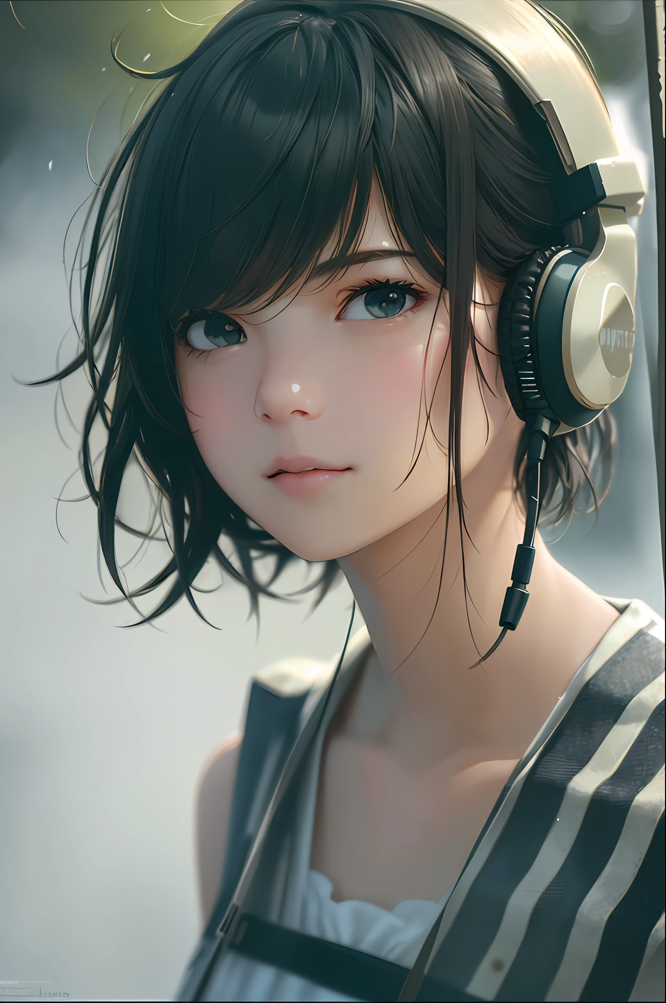 Cinematic portrait photography, 1girl,short hair, serene, calm, (realistic detail eyes, natural skin texture, realistic face details), soft dramatic lighting, depth of field, bokeh, vibrant detail, fine detail, surreal, 35mm film, hazy blur, film, headphones, storm suit