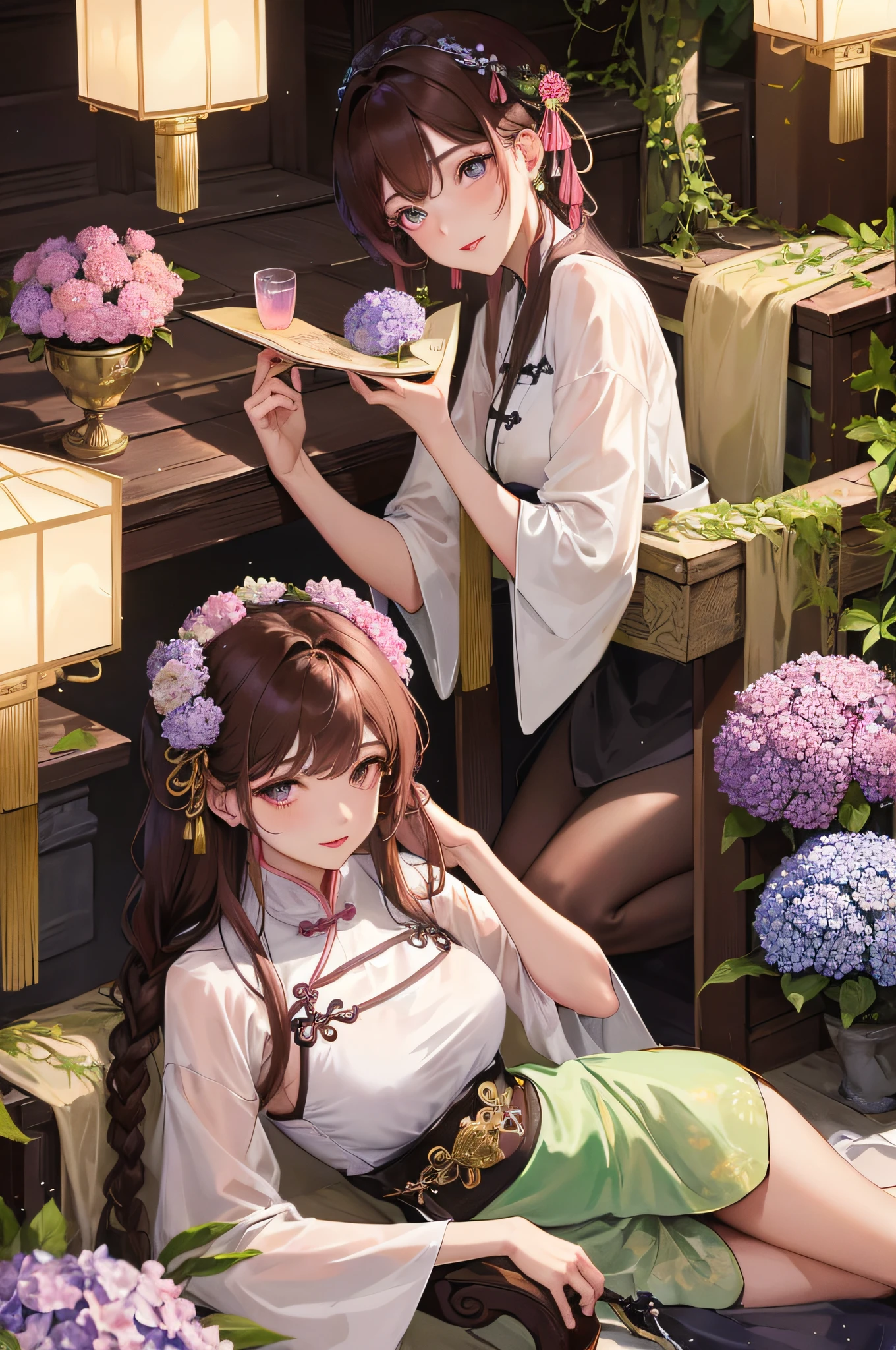 Masterpiece Superb Night Full Moon 1 Female Mature Chinese Style Ancient Chinese Sister Royal Sister Smile Brown Hair Princess Cut Twist Twist Braid Double Pill Head Light Pink Lips, Calm, Intellectual, Middle Hair, Green Pupils, Hairpins, Hydrangeas,