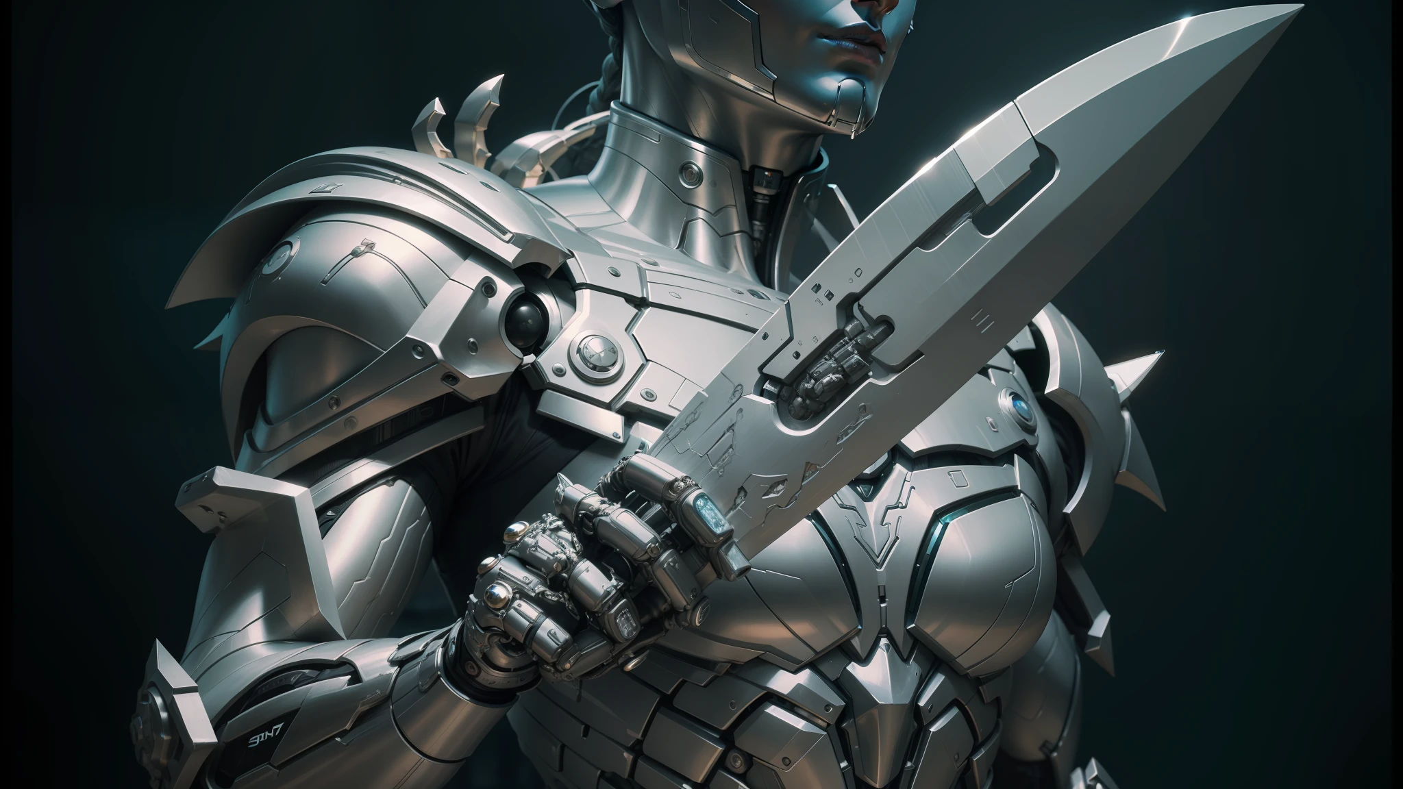 a close up of a silver statue holding a knife in his hand, cgsociety 9, highly detailed cgsociety, futuristic precious metals, high definition cgsociety, lots of 3 d cyborg elements, brandishing futuristic sword, cybernetic cyborg warrior, stuning fantasy 3 d render, cgsociety - n 5, cryptoblades, sci-fi sword, bionic cyborg implants --auto --s2