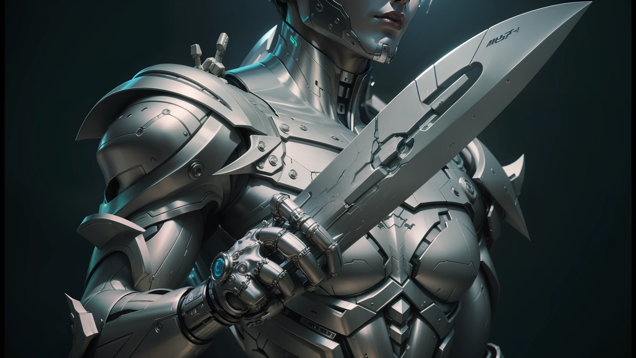 a close up of a silver statue holding a knife in his hand, cgsociety 9, highly detailed cgsociety, futuristic precious metals, high definition cgsociety, lots of 3 d cyborg elements, brandishing futuristic sword, cybernetic cyborg warrior, stuning fantasy 3 d render, cgsociety - n 5, cryptoblades, sci-fi sword, bionic cyborg implants --auto --s2