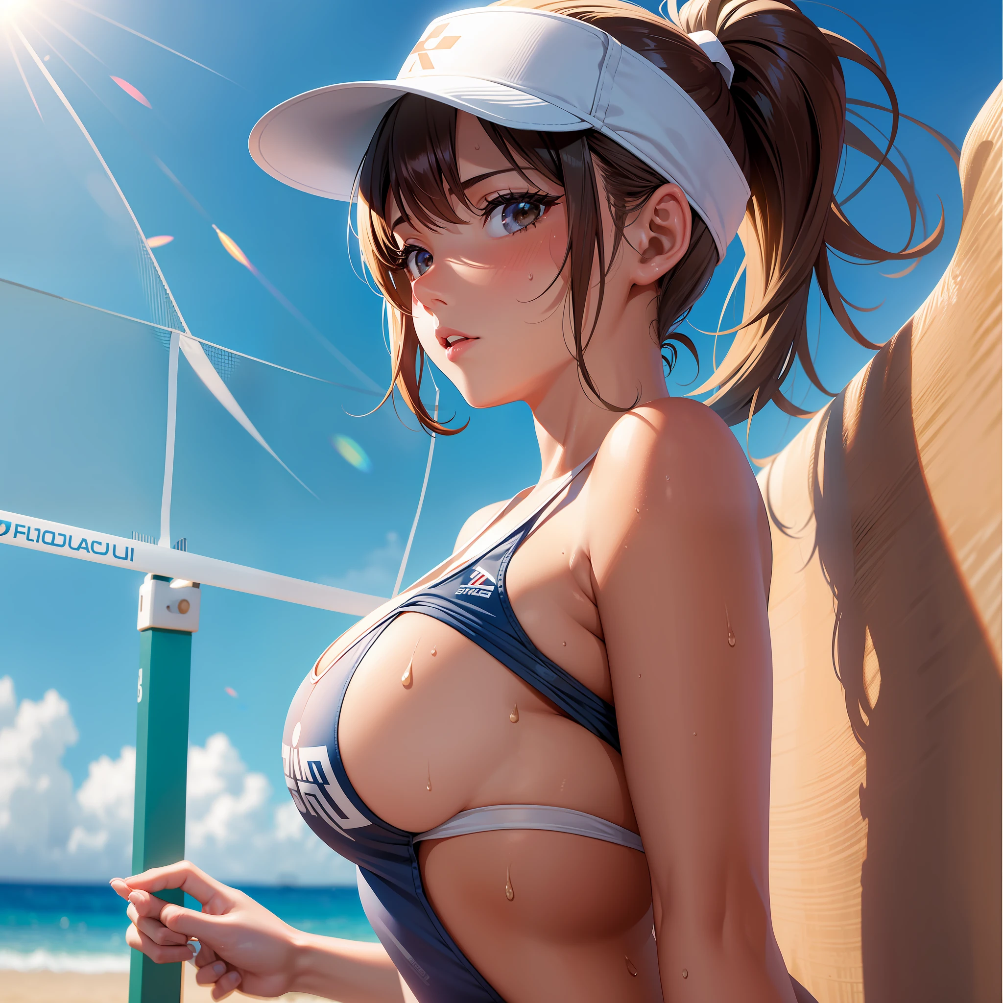 Professional women photo, 1 girl, flirting, (shiny breasts), morning, sexy, playing volleyball, costume with logo, sandy beach, backlit, (bangs), bloomers, (sweaty: 1.3), blurred background, sun visor, tan, no bra, ponytail, ballet net, (not mugiwara), balls only one on the screen,