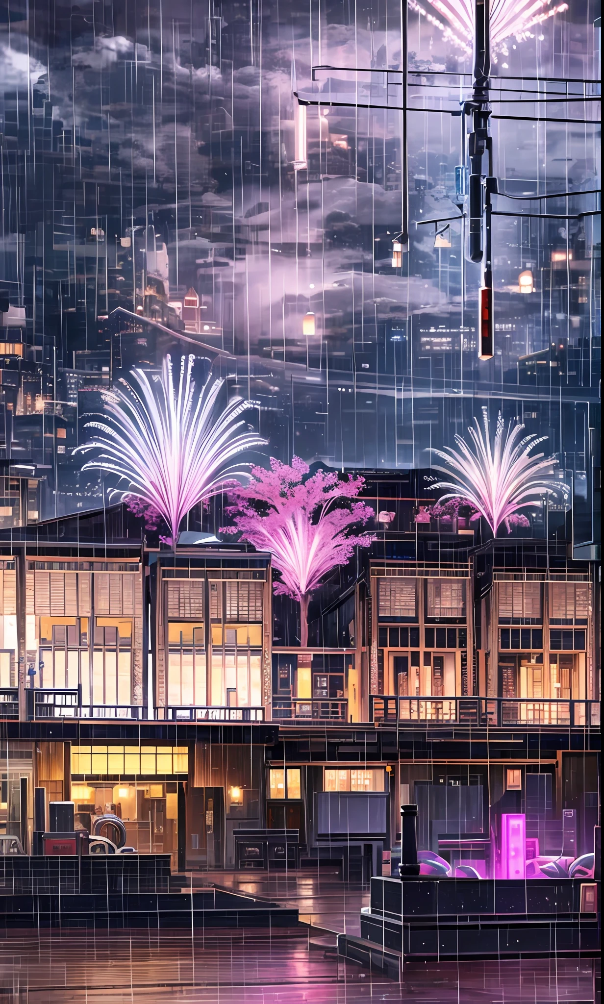 arafed view of a village with a lot of lights on the buildings, dreamy Javanese town, Javanese village, amazing wallpaper, Javanese town, Javanese village, hyper realistic photo of a town, old asian village, Javanese city, by Raymond Han, rainy evening, cyberpunk Javanese ancient castle, beautifully lit buildings, at evening during rain, Cyberpunk Neon Light, beautiful and aesthetic, photography, cinematic, 8k, high detailed ((Heavy rain))) --auto --s2