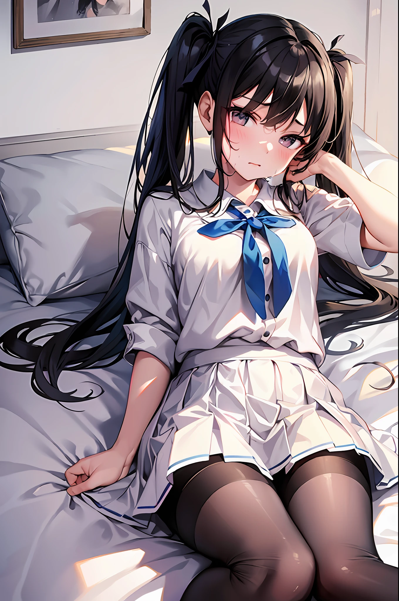 half closed eyes,embarrassed,(drooling), (sweat),The image shows a young girl lying on a bed, wearing a white school uniform with a short skirt and knee socks. She has long, dark hair that is styled in loose waves, and her face is expressionless. The background of the image is a white wall with a small window in the corner, and there is a white bed sheet on the bed. The overall atmosphere of the image is calm and serene, with no visible signs of movement or activity. The color of the clothes is white, which gives a clean and fresh look to the image. The image is shot from a low angle, which makes the girl appear small and vulnerable. The lighting is soft and diffused, casting a warm glow on the scene. The image is a still life, with no movement or action visible.(((fullbody)))((twintail))