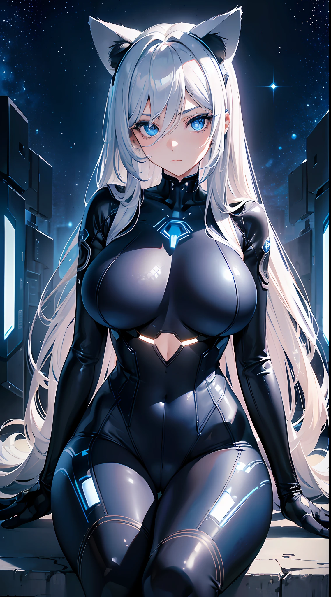 (best quality), best illustration, intricate details, ultra detailed, (2D), hair between eyes, splendid illustration, extremely detailed, 1girl, (bishoujo), ((beautiful detailed face)), (pretty_face+round_face), ((beautiful detailed eyes)), (blue eyes), transparent eyes, ((????????????????)), (bishoujo:1.3), (perfect face), (solo), extremely Detailed CG, (extremely beautiful), dynamic angle, (masterpiece:1.2), (dark eyelashes:1.1), (eyeliner:1.2), (deep blue eyes:1.2), (big eyes:1.2), (bright skin), (ultra-detailed), illustation, very long bangs, sweaty, messy hair, 1girl, (starry space background), (spacecraft, (futuristic black ???????? with blue leds), sitting, science fiction, long hair, silver hair, deep blue eyes, ????????, ?????, headset, ????????????, ???? beautiful young woman, robotic cat ears, thick thighs, very tight clothes, narrow waist)