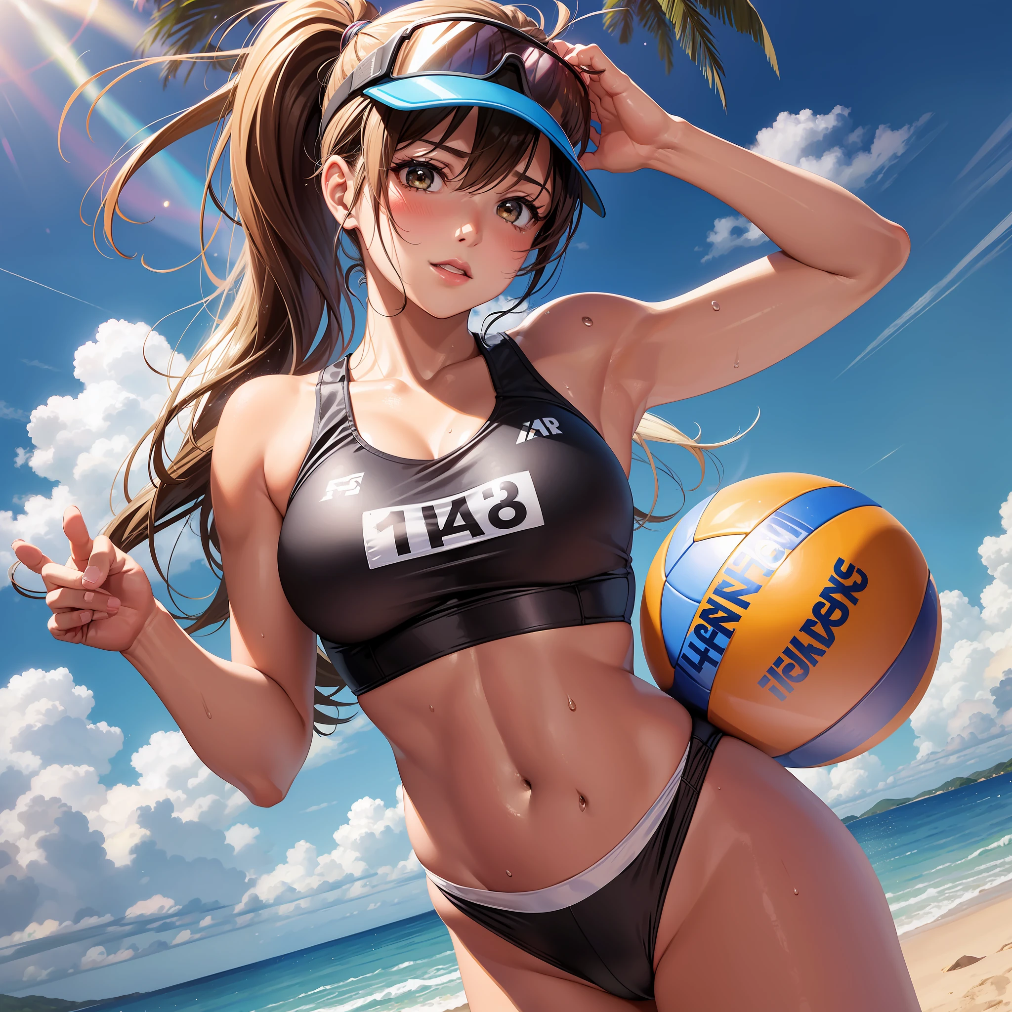 Professional women photo, 1 girl, flirting, (shiny breasts), morning, sexy, playing volleyball, costume with logo, sandy beach, backlit, (bangs), bloomers, (sweaty: 1.3), blurred background, sun visor, tan, no bra, ponytail, ballet net, (not mugiwara), balls only one on the screen,