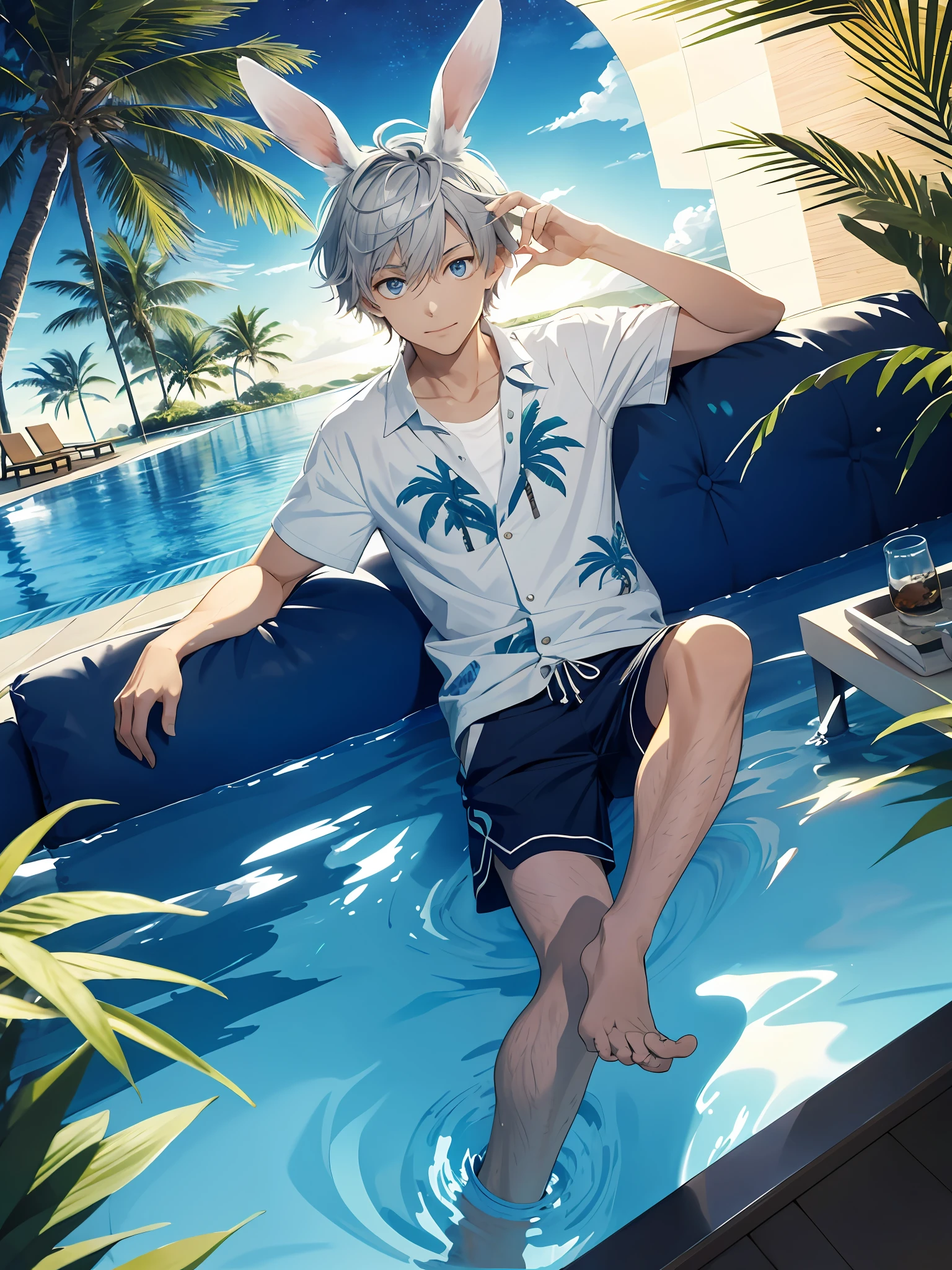 illustration style, cute boy, silver-haired blue-eyed rabbit ears, solo, rabbit ears, rabbit ears, sunny moonlit night, leisurely, sunny night sky, pool relaxation, gaming pool, inflatable float, carefree atmosphere, refreshing water, friendly, half pants, aloha shirt, ??????????, boy's body, refreshing water, gentle ripples, comfortable relaxation, , tropical palm trees, Night sky, lazy night, quiet oasis