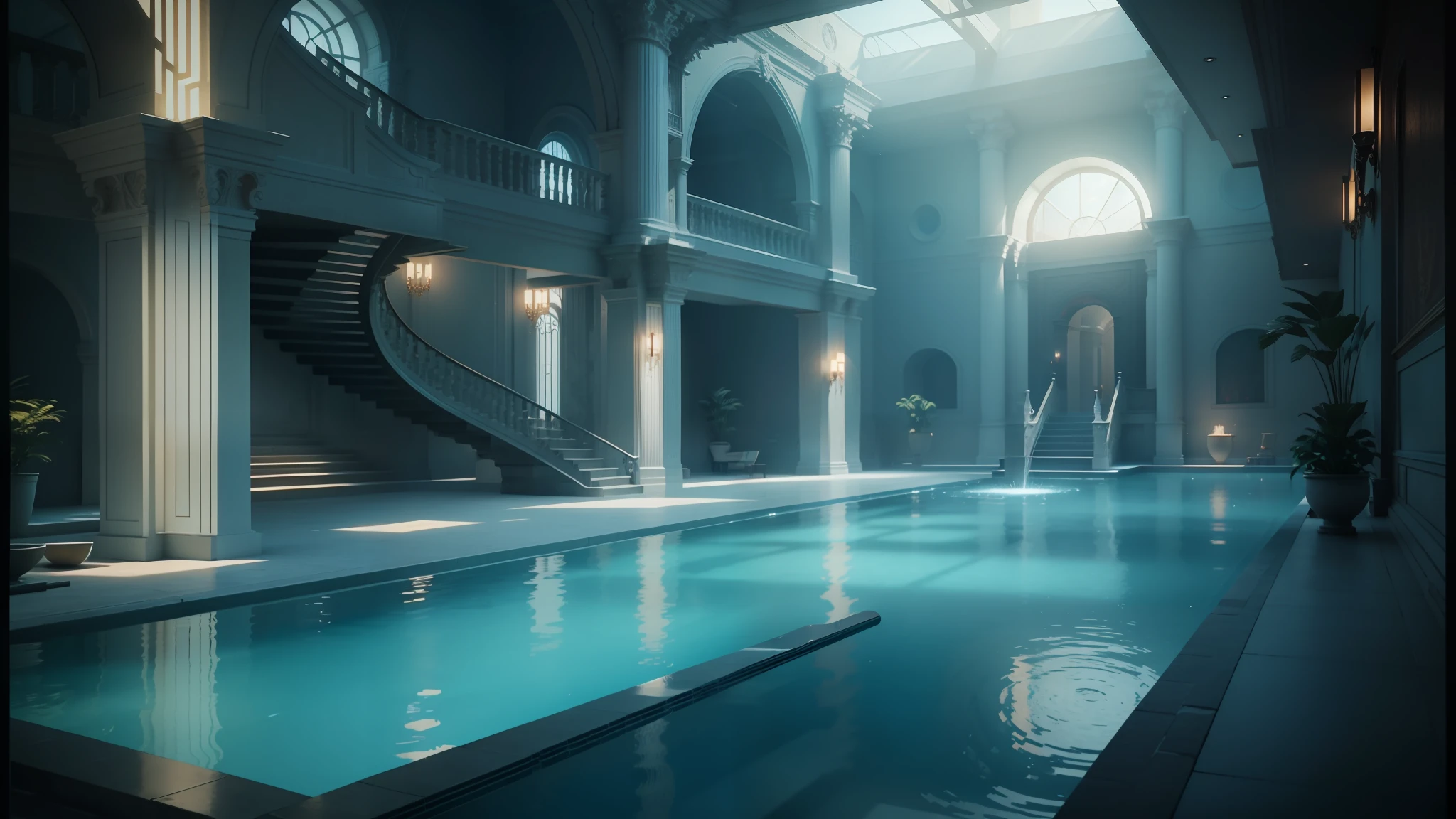 there is a pool in a building with a staircase and a spiral staircase, unreal engine 5 : :, unreal engine 5 », unreal engine rendering, unreal engine hd render, cinematic smooth unreal engine, a pool inside the giant palace, unreal engine 5 rendered, unreal engine 5 rendering, unreal engine render, unreal 5 engine rendered, rendered unreal engine 5 --auto --s2