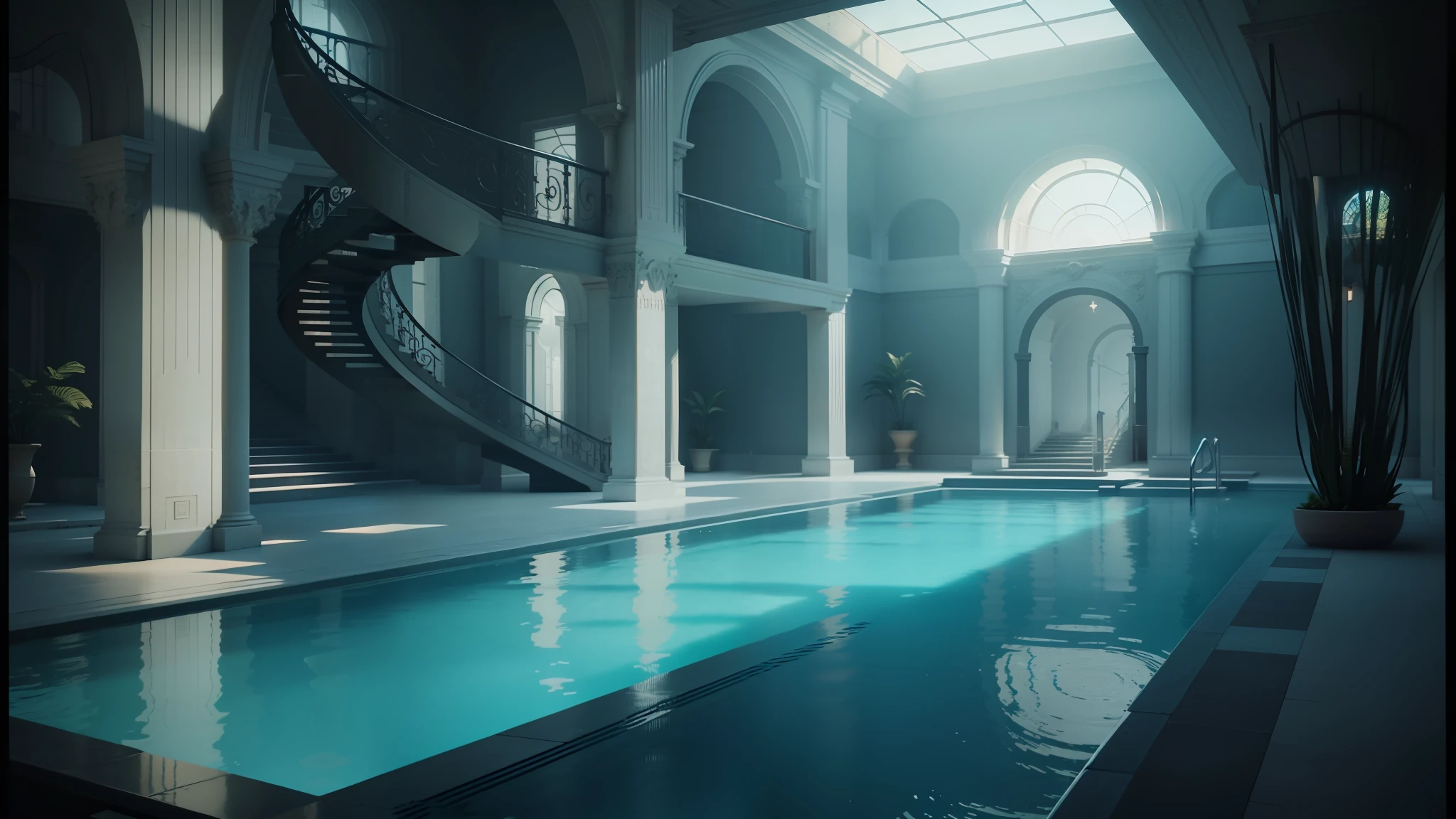 there is a pool in a building with a staircase and a spiral staircase, unreal engine 5 : :, unreal engine 5 », unreal engine rendering, unreal engine hd render, cinematic smooth unreal engine, a pool inside the giant palace, unreal engine 5 rendered, unreal engine 5 rendering, unreal engine render, unreal 5 engine rendered, rendered unreal engine 5 --auto --s2