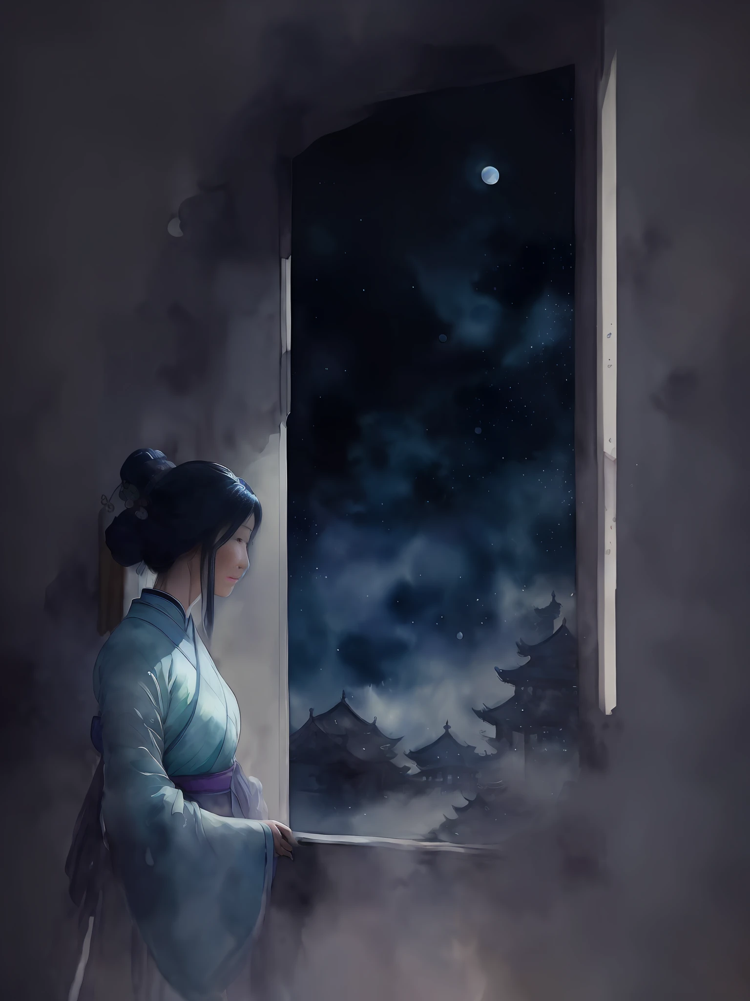 (Watercolor style, spectral art) + (An ancient Chinese woman looks at the moon from the window of a house, silent, hyperbolic, mysterious, quiet room illuminated by white moonlight, distant drizzle falling. (Moon: 2). (rich gorgeous colors in the distance) + (smudge splash) + (clear light and shadow swaying dynamics), from above, wide-angle lens --auto --s2