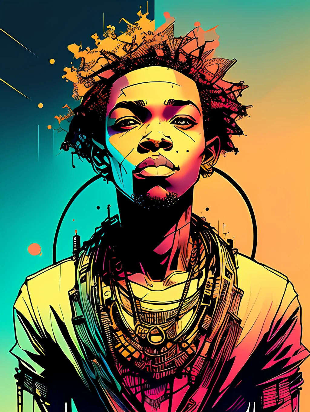 nvinkpunk, steampunk (((African young-aged man))), handsome man, masterpiece, best quality, ((detailed face)), short messy hair, pastel colors, bright eyes, ((award winning)), (High Detail), Sharp, 8k, trending on artstation, intricate