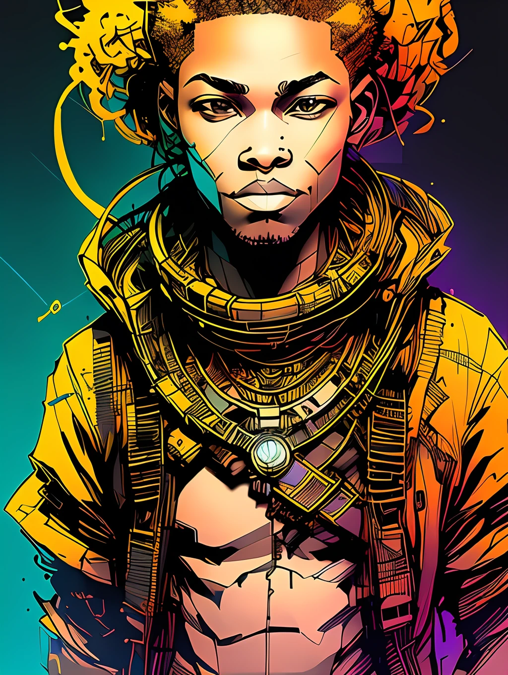 nvinkpunk, steampunk (((African young-aged man))), handsome man, masterpiece, best quality, ((detailed face)), short messy hair, pastel colors, bright eyes, ((award winning)), (High Detail), Sharp, 8k, trending on artstation, intricate