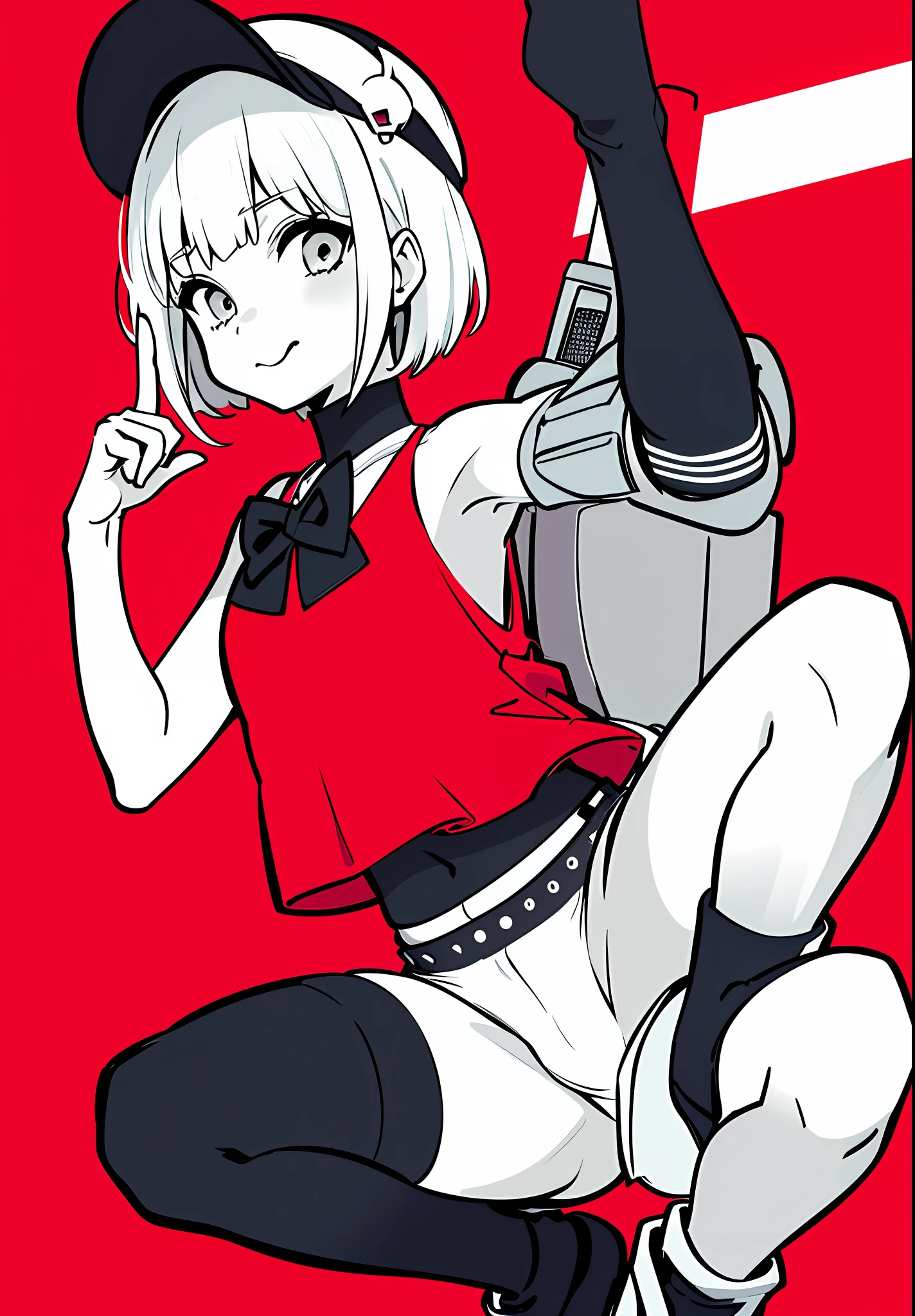 Monochrome, red background, a girl, duck tongue cap, navel exposed outfit, hot pants, hippie style, rock, squat, bow, Winner gesture, (from front: 1.3),