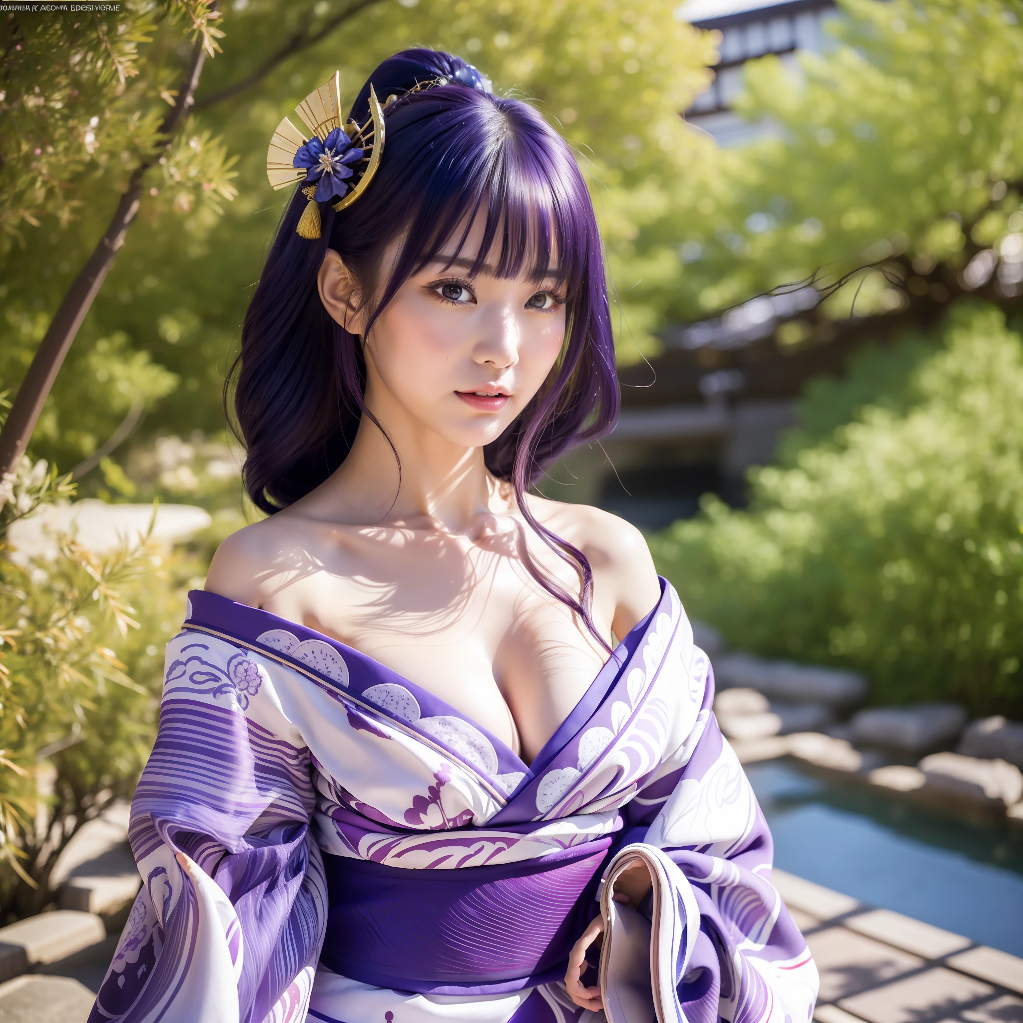 (Realistic sunshine, top quality, 8k, masterpiece: 1.3), raw photo, dark purple hair and eyes, holding a sword, Japan sword, sword, weapon, Japan woman in kimono dress, beautiful Japan model, Japan goddess, kimono, elegant Japan woman, Japan kimono, kimono, gorgeous and sexy geisha, wearing kimono, Japanese style, elegant yukata, traditional Japan, complex geisha kimono, traditional geisha kimono, traditional geisha clothing, Japan clothes, Japan woman, yukata, cleavage, big, bewitching, lewd, sexy pose, off-shoulder, realistic skin type, detailed face and skin, realistic shadow,