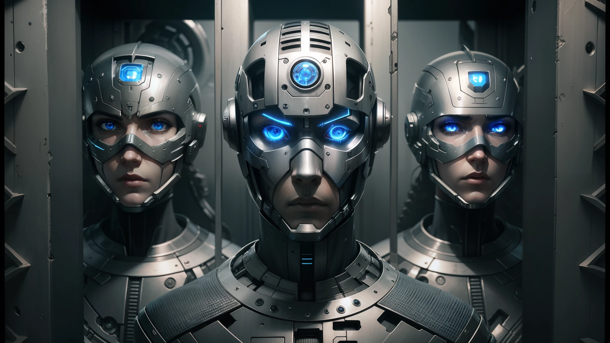three robots in a cage with blue eyes and metal body parts, cgsociety uhd 4k highly detailed, ash thorp, cgsociety - w 1 0 2 4 - n 8 - i, cgsociety 4k”, cgsociety - no cameron, cgsociety - n 5, cgsociety ), still from alita, cgsociety 9, movie still of aztec cyborg --auto --s2
