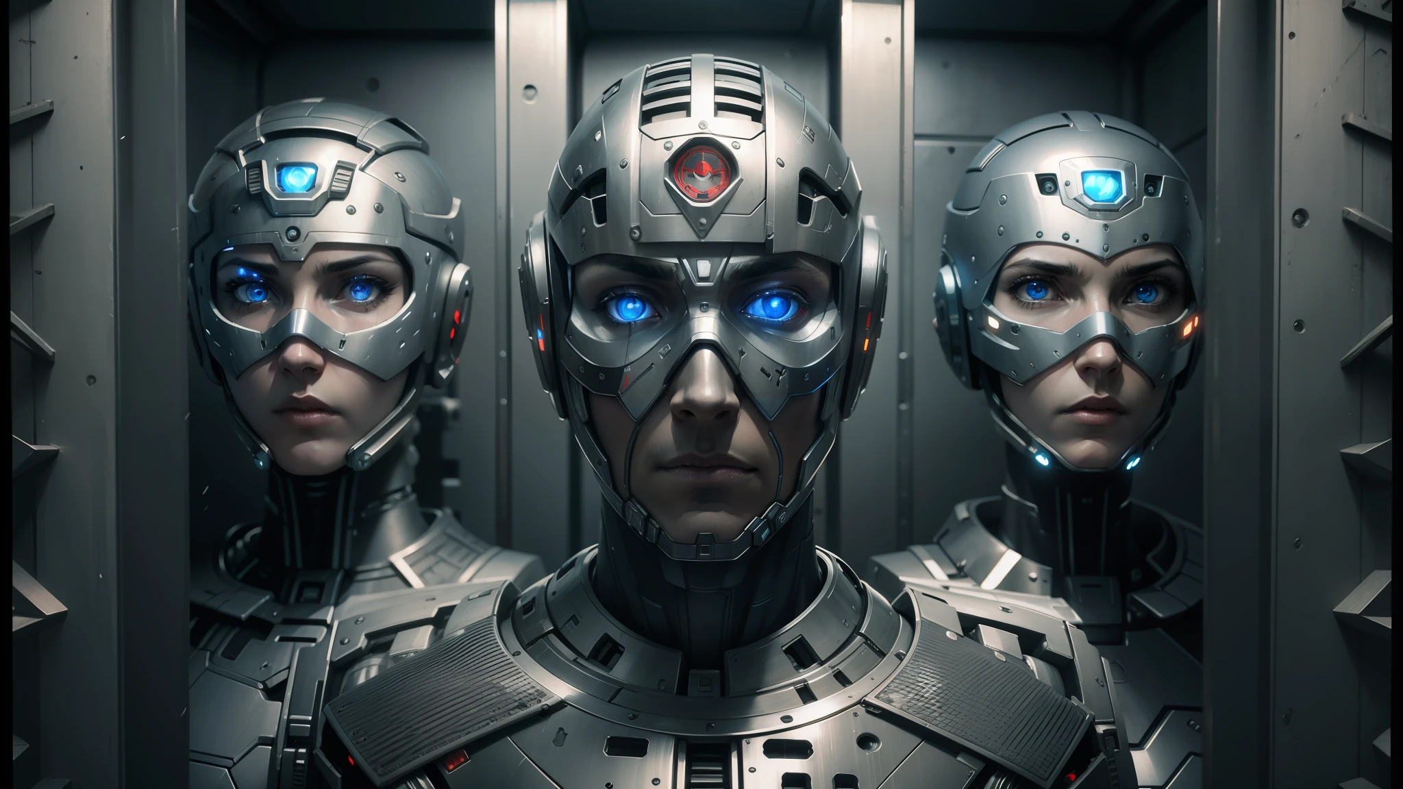 three robots in a cage with blue eyes and metal body parts, cgsociety uhd 4k highly detailed, ash thorp, cgsociety - w 1 0 2 4 - n 8 - i, cgsociety 4k”, cgsociety - no cameron, cgsociety - n 5, cgsociety ), still from alita, cgsociety 9, movie still of aztec cyborg --auto --s2