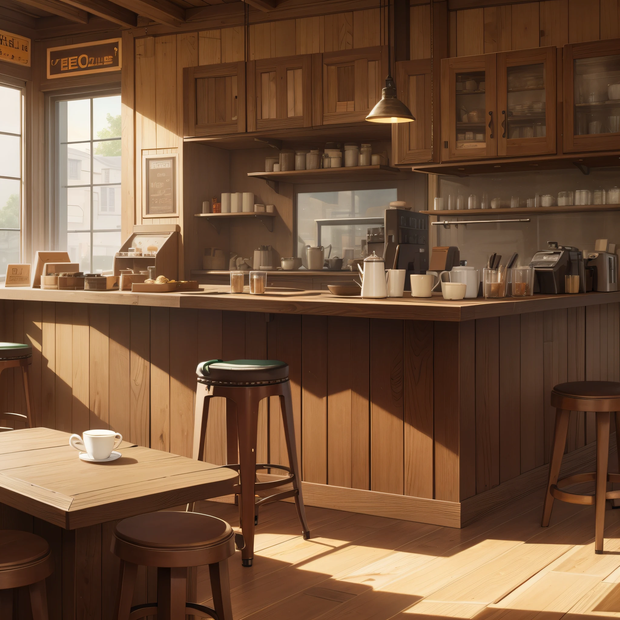 retro coffee shop, with counter, wooden, unmanned, western-style café, high image quality, dense, antique, anime-style, realistic, no people, brown