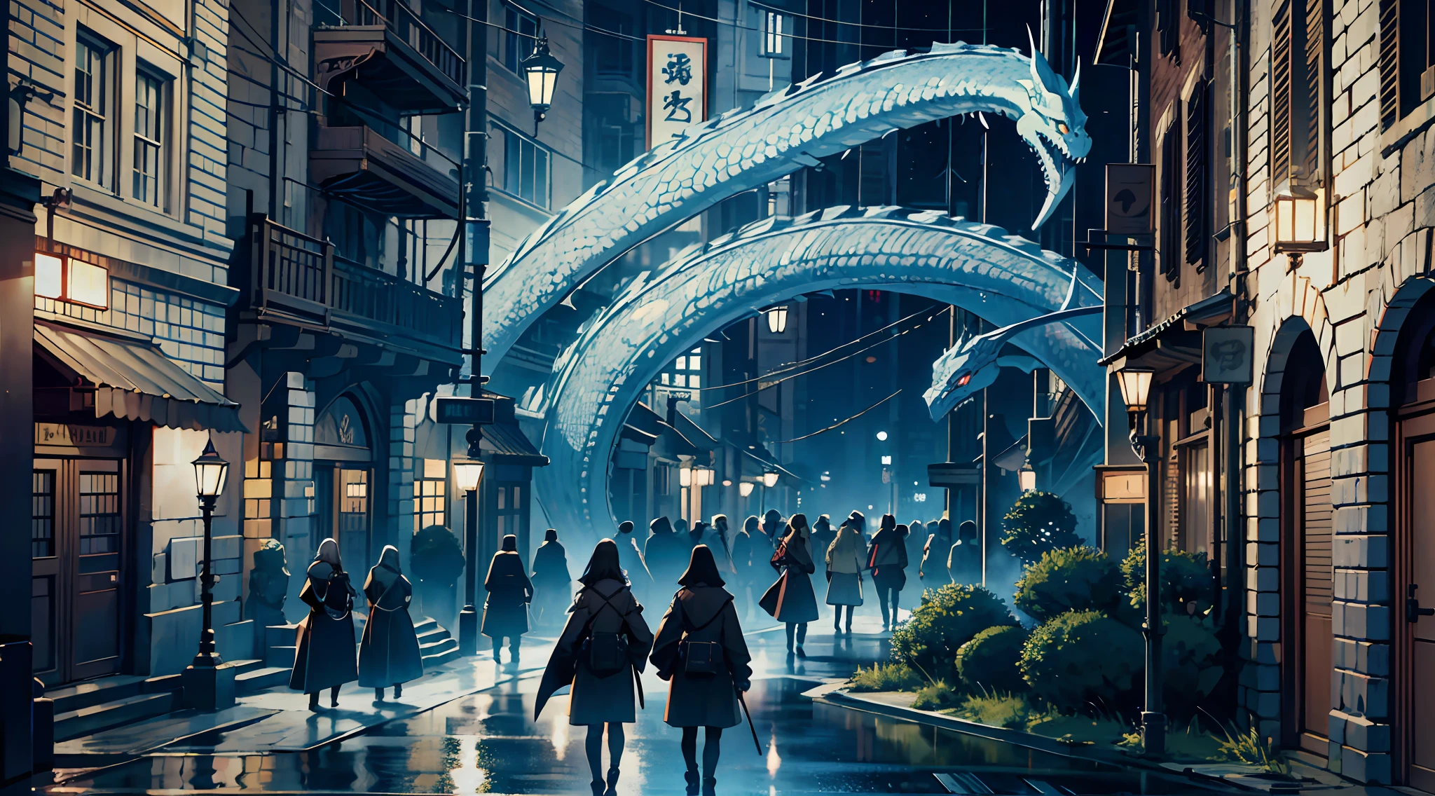 At night, overlooking corners, dim lights, old streets, huge serpents, crowds, monsters, phantom monsters, vistas,,(masterpiece:1.2), best quality, masterpiece, hires, original, extremely detailed wallpaper, perfect lighting, (extremely detailed CG:1.2),