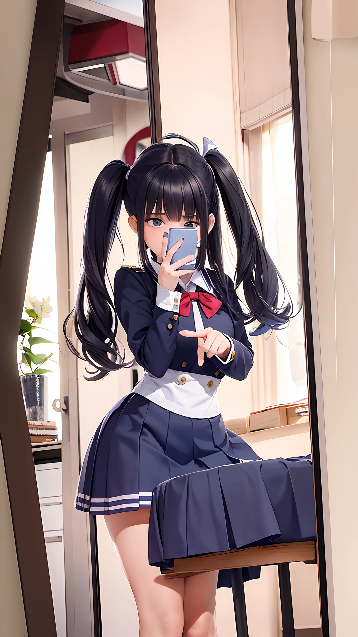 there is a woman taking a picture of herself in the mirror, jk uniform, magical school student uniform, wearing school uniform, 8k selfie photograph, wearing a school uniform, 19-year-old girl, dressed as schoolgirl, wearing japanese school uniform, student, cosplay of a catboy! maid! dress, seifuku, she is facing the camera