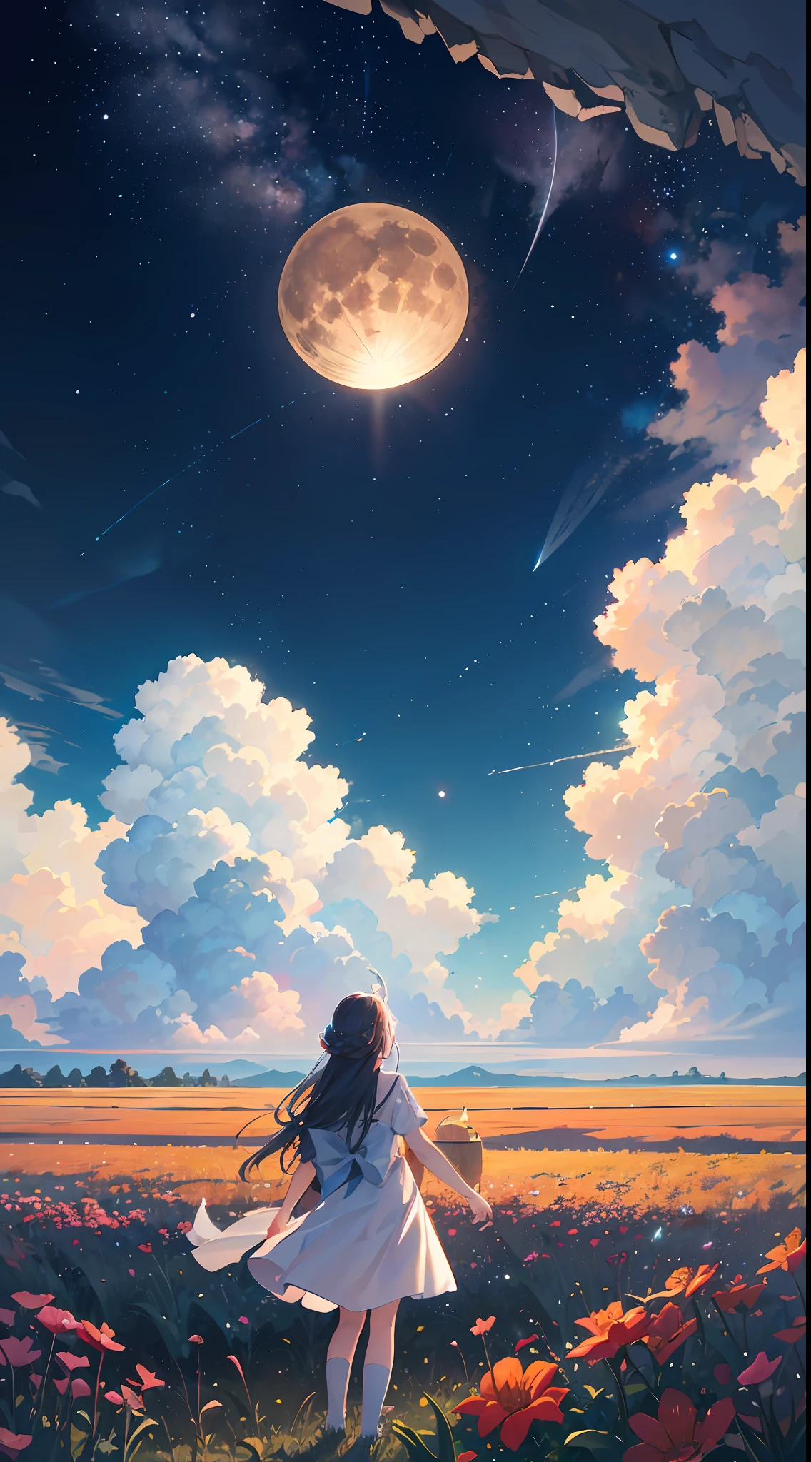 Vast landscape photos, (from below, the sky above, open fields below), a girl standing on a flower field looking up, characters 0.6 (Full Moon: 1.2), (meteors: 0.9), (Nebula: 1.3), distant mountains, trees BREAK Making art, (warm light source: 1.2), (Firef... --auto --s2