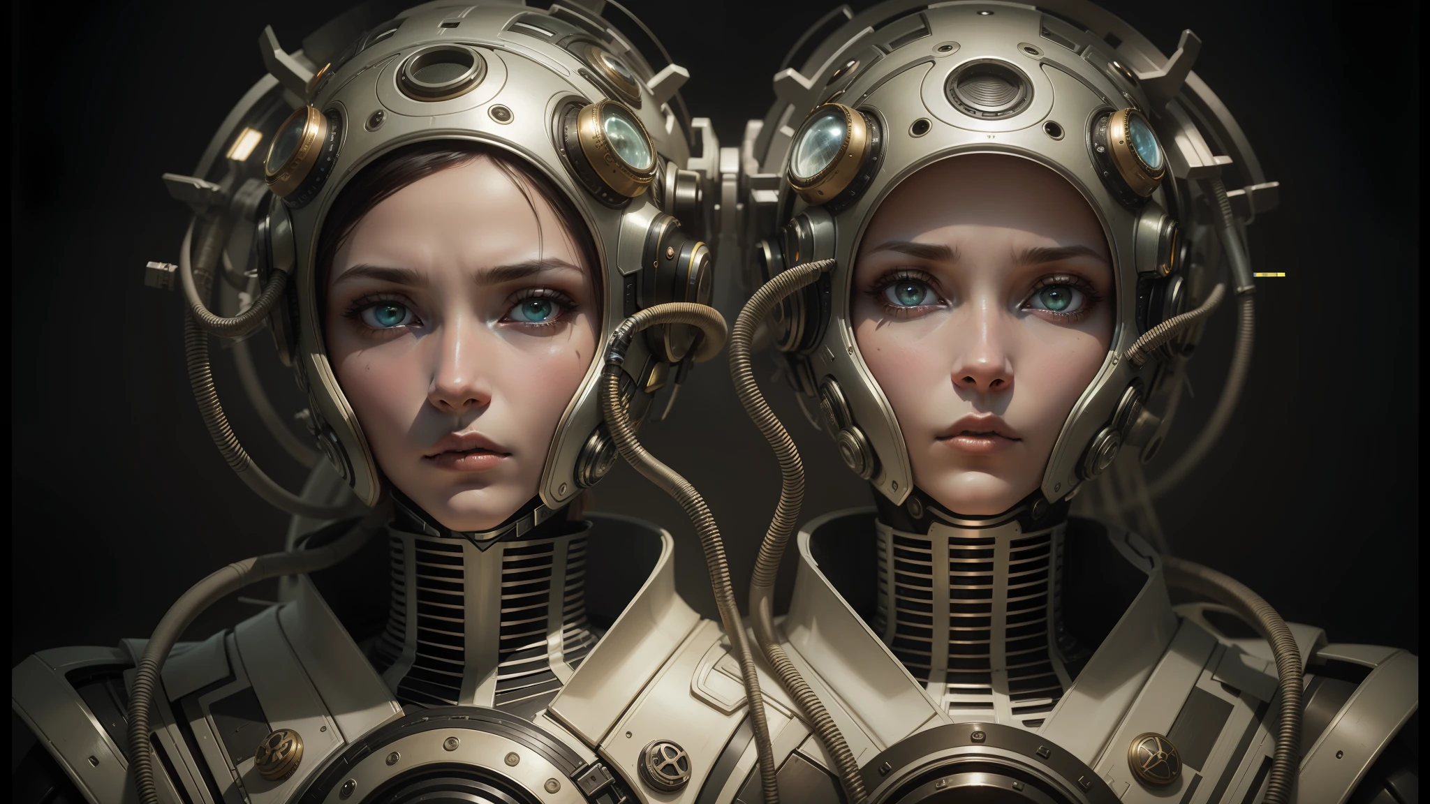 there are two women in futuristic costumes with helmets on, symmetrical portrait scifi, beautiful gemini twins portrait, beautiful sci - fi twins, stefan gesell, intricate steampunk imagery, eve ventrue, dieselpunk cyborgs, portrait of a female android, 8k artistic portrait photography, surreal portrait photography, portrait of a mechanical girl, portrait of female android --auto --s2