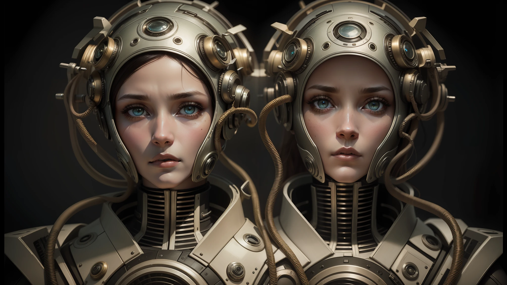 there are two women in futuristic costumes with helmets on, symmetrical portrait scifi, beautiful gemini twins portrait, beautiful sci - fi twins, stefan gesell, intricate steampunk imagery, eve ventrue, dieselpunk cyborgs, portrait of a female android, 8k artistic portrait photography, surreal portrait photography, portrait of a mechanical girl, portrait of female android --auto --s2