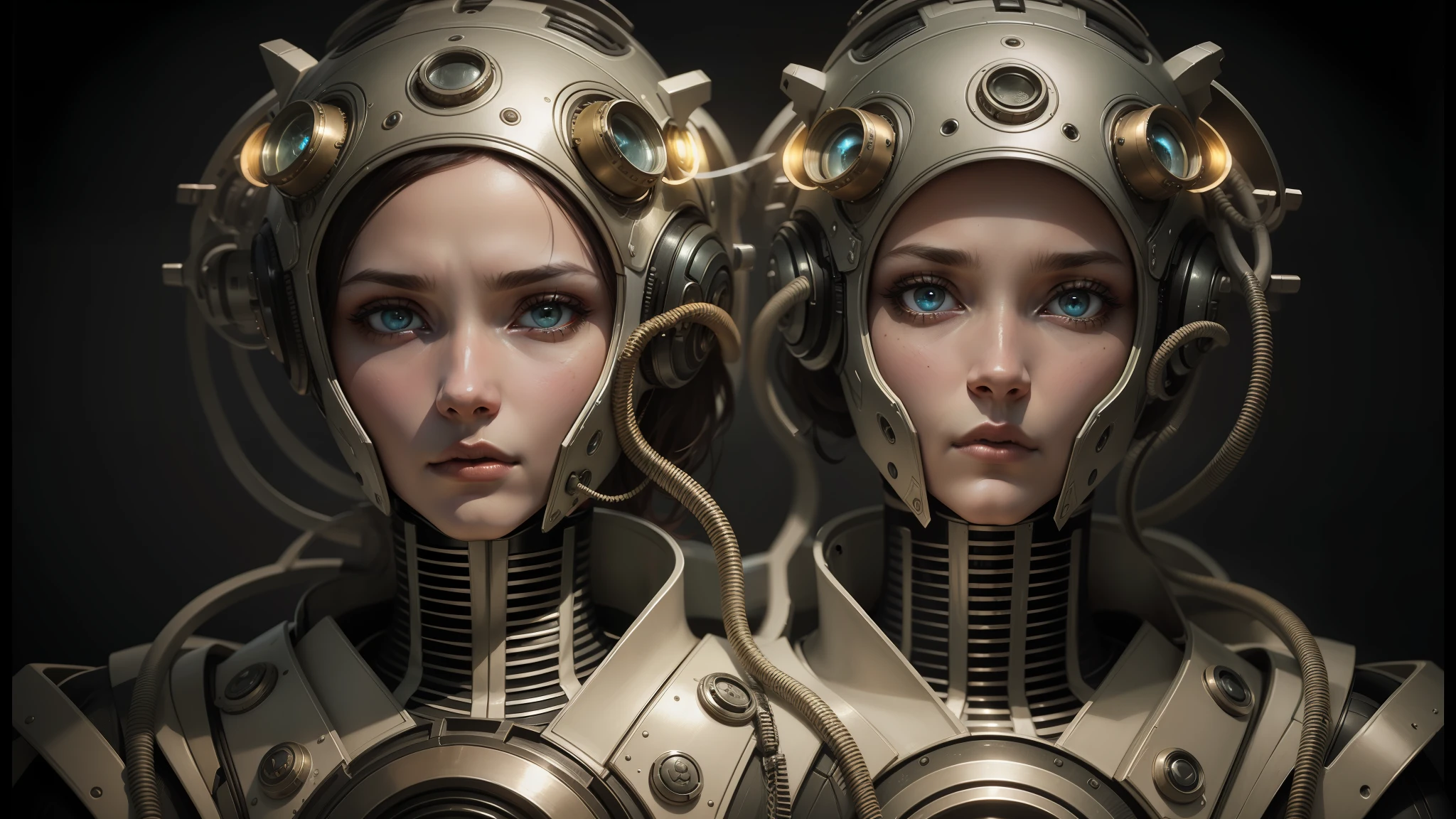 there are two women in futuristic costumes with helmets on, symmetrical portrait scifi, beautiful gemini twins portrait, beautiful sci - fi twins, stefan gesell, intricate steampunk imagery, eve ventrue, dieselpunk cyborgs, portrait of a female android, 8k artistic portrait photography, surreal portrait photography, portrait of a mechanical girl, portrait of female android --auto --s2