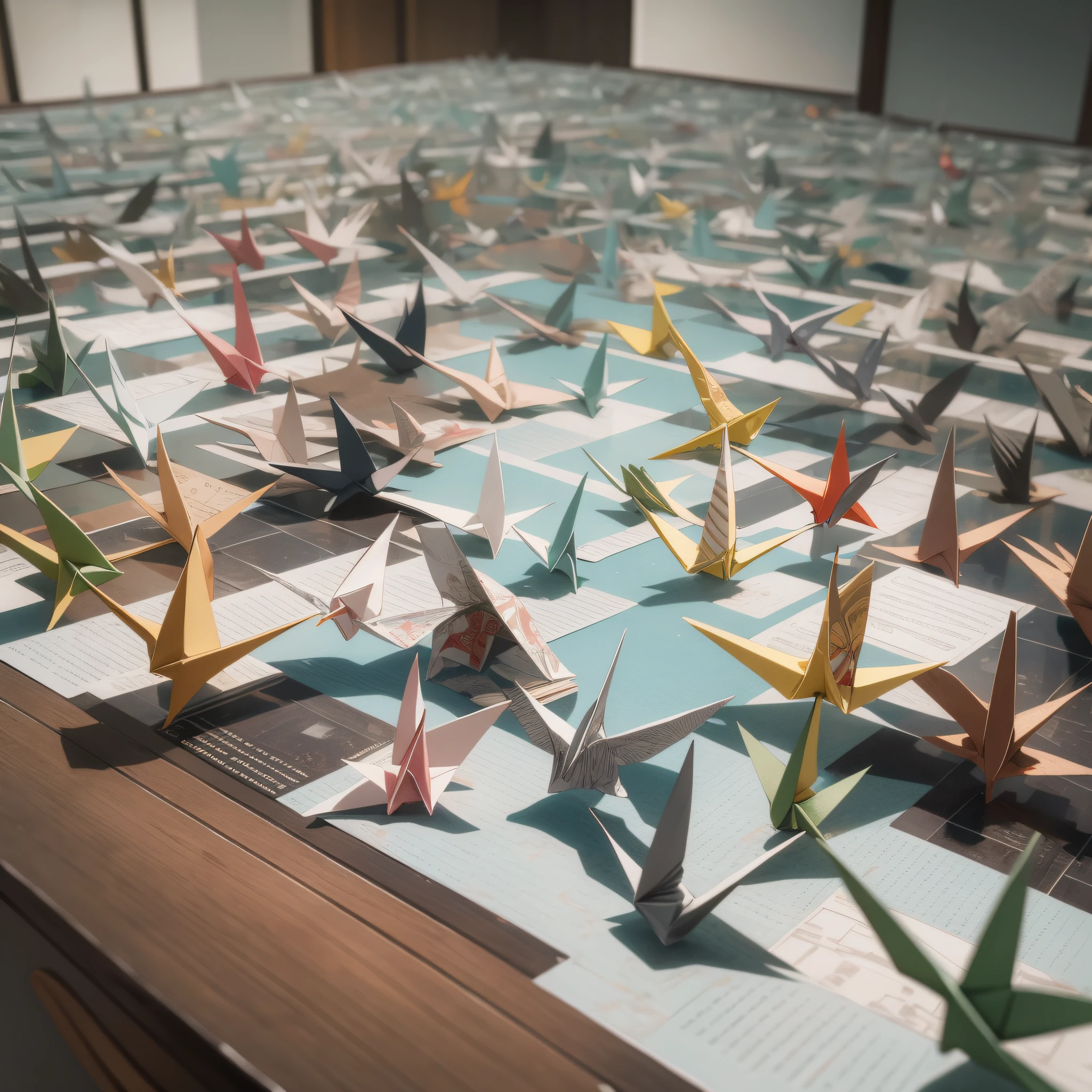 best quality,masterpiece,ultra detailed,insanely detailed,Origami, paper cranes, flight, room, wonder, absurdity,