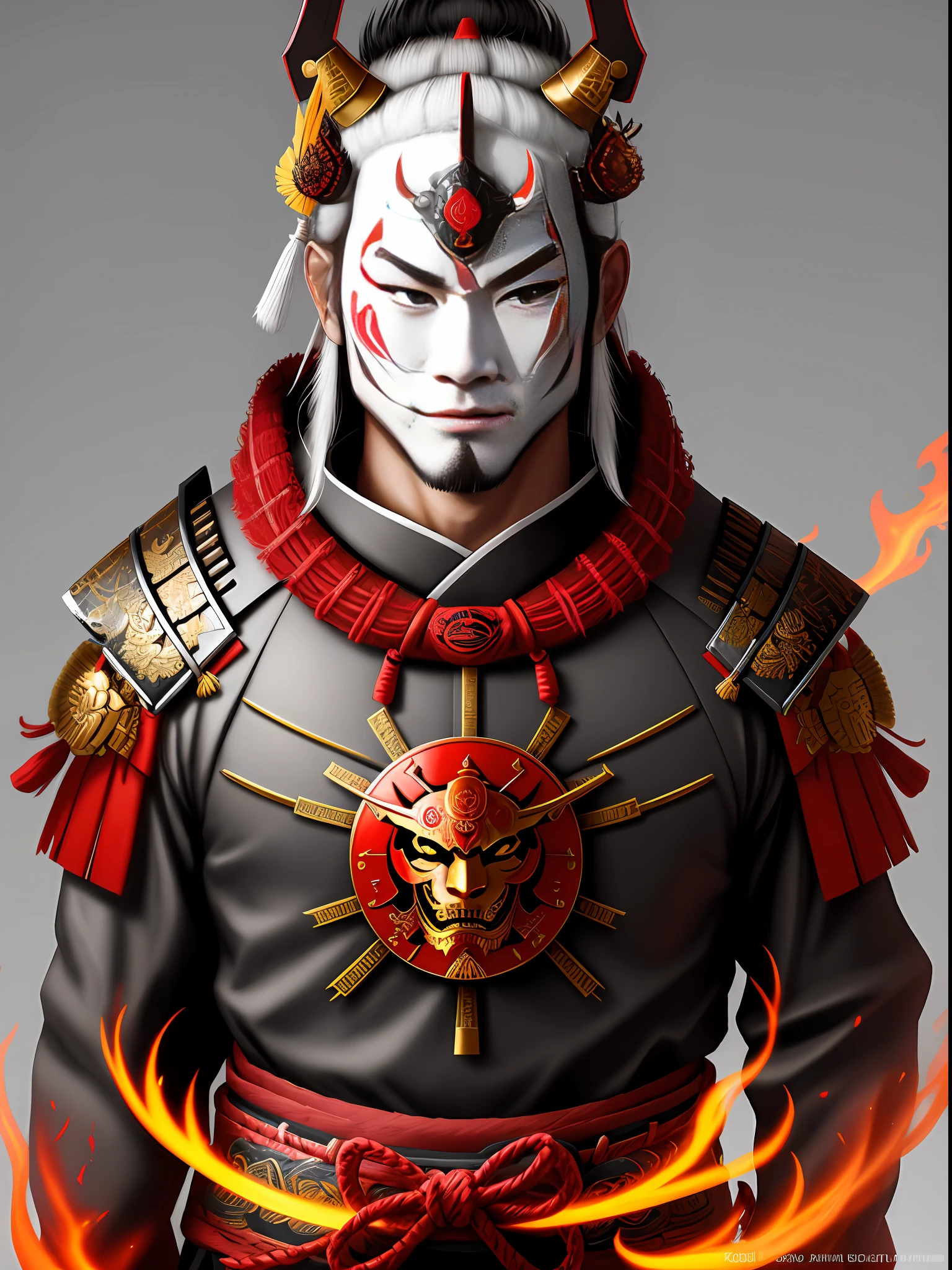a highly detailed samurai who wears a hannya mask, adorned with a traditional samurai helmet. The intricately designed helmet bears marks of honor and courage. 8k, octane render, Intricate hyperdetails, Symmetrical