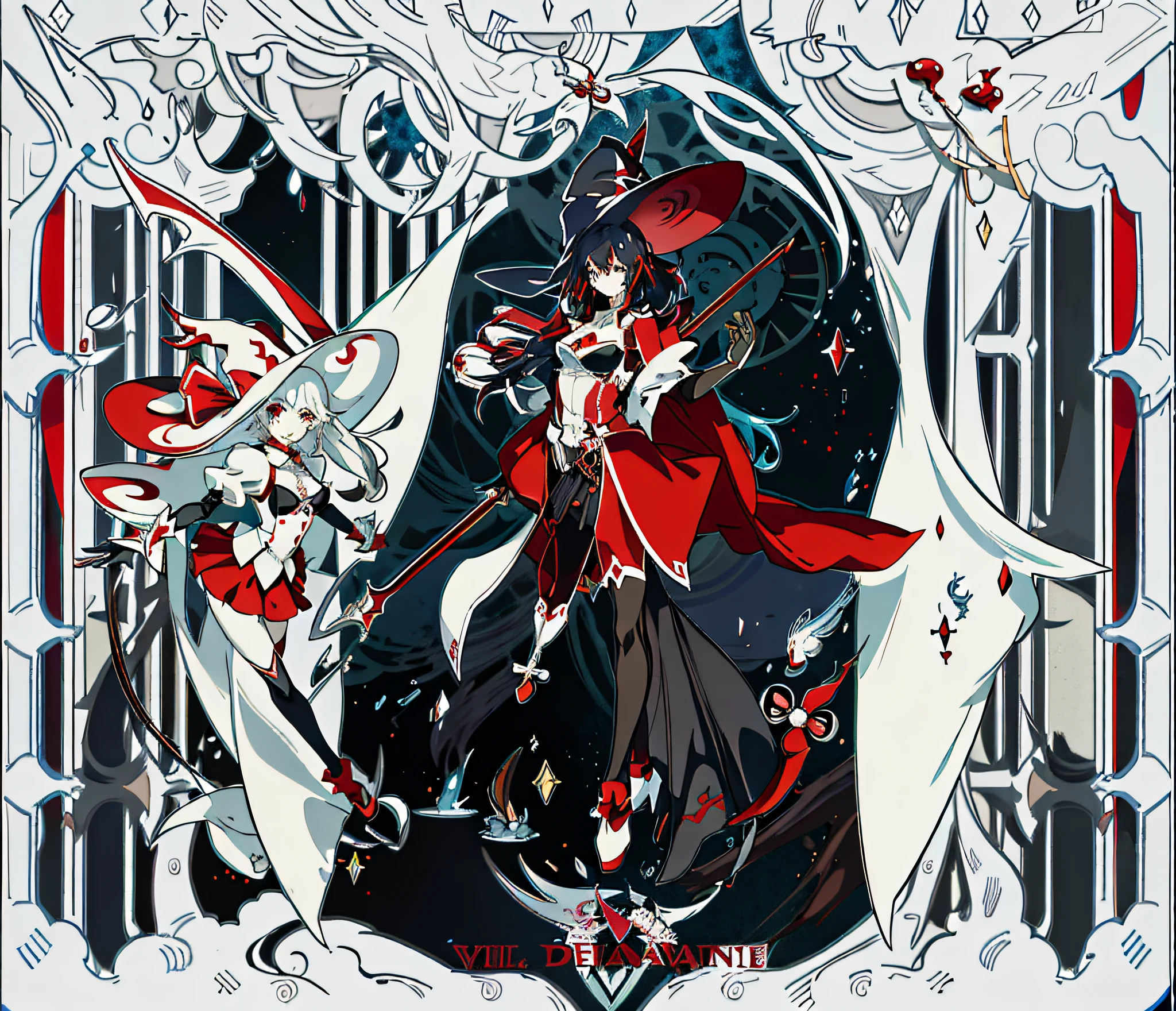anime character with a red umbrella and a white hat, bravely default inspired, mechanized witch girl, touhou character, full body adoptable, official character art, ( ( character concept art ) ), official character illustration, character adoptable, castlevania witch, [ character design ], anime character design, flirty anime witch casting magic, dark witch character, human :: sorceress