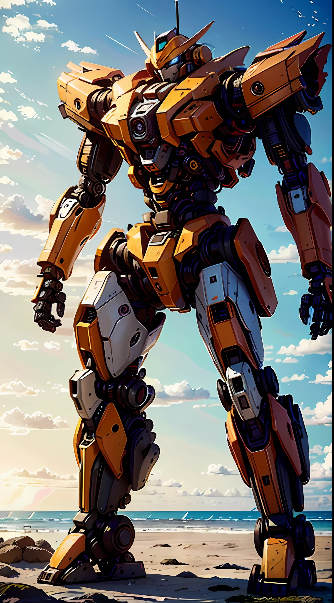 8K resolution, top picture quality, cinematic texture, realistic style, SLR ultra-high-definition camera shooting, Alafard robot standing on the beach, miniature tanks on the beach, tiny battleships on the sea, sea horizon in the background, huge mecha robot, Alexander Ferra mecha, mecha art, mecha aesthetics, realistic fighter mecha, cool mecha style, humanoid mecha, colorful colors,